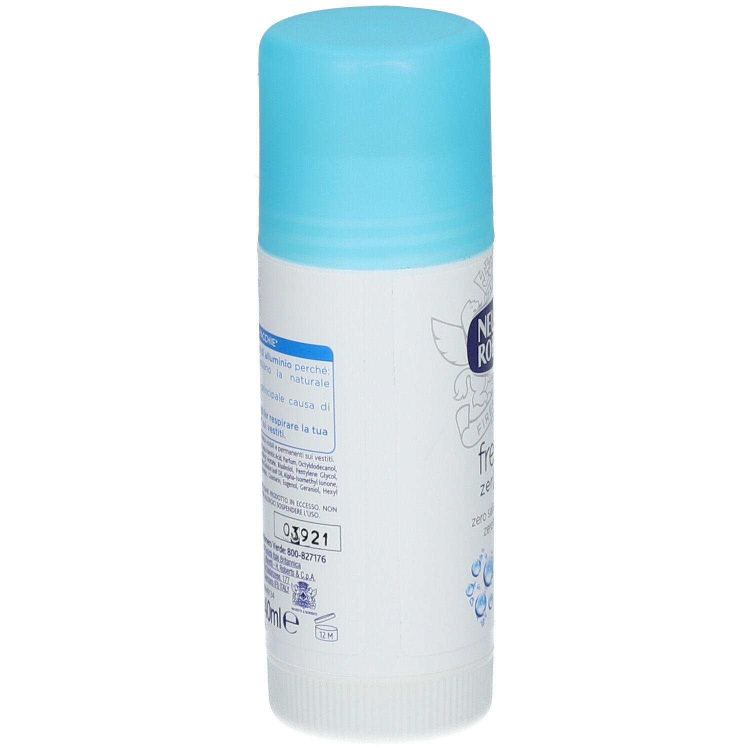 Stick deodorante Neutro Roberts bianco, tappo azzurro. Retro con testo e codice a barre.
