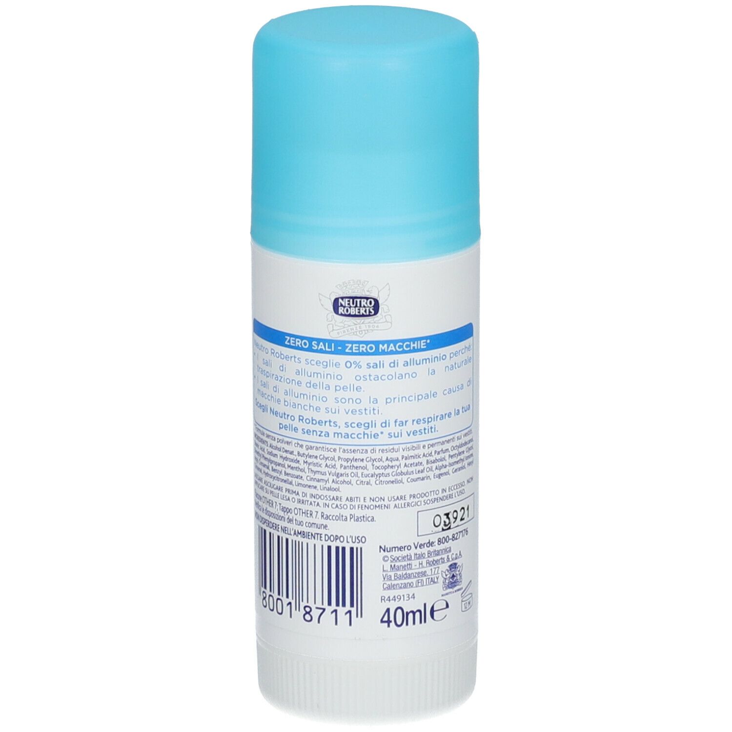 Stick deodorante Neutro Roberts bianco, tappo azzurro. Retro con testo e codice a barre.