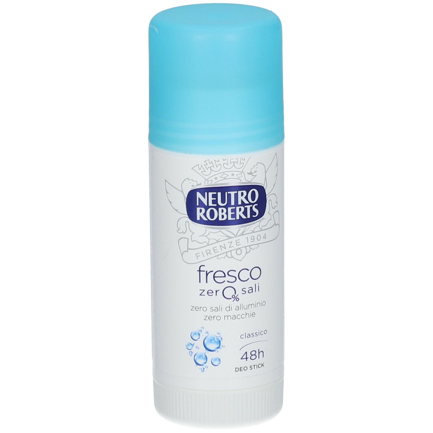Stick deodorante Neutro Roberts bianco, tappo azzurro. Scritta 'fresco' e 'zero sali'.