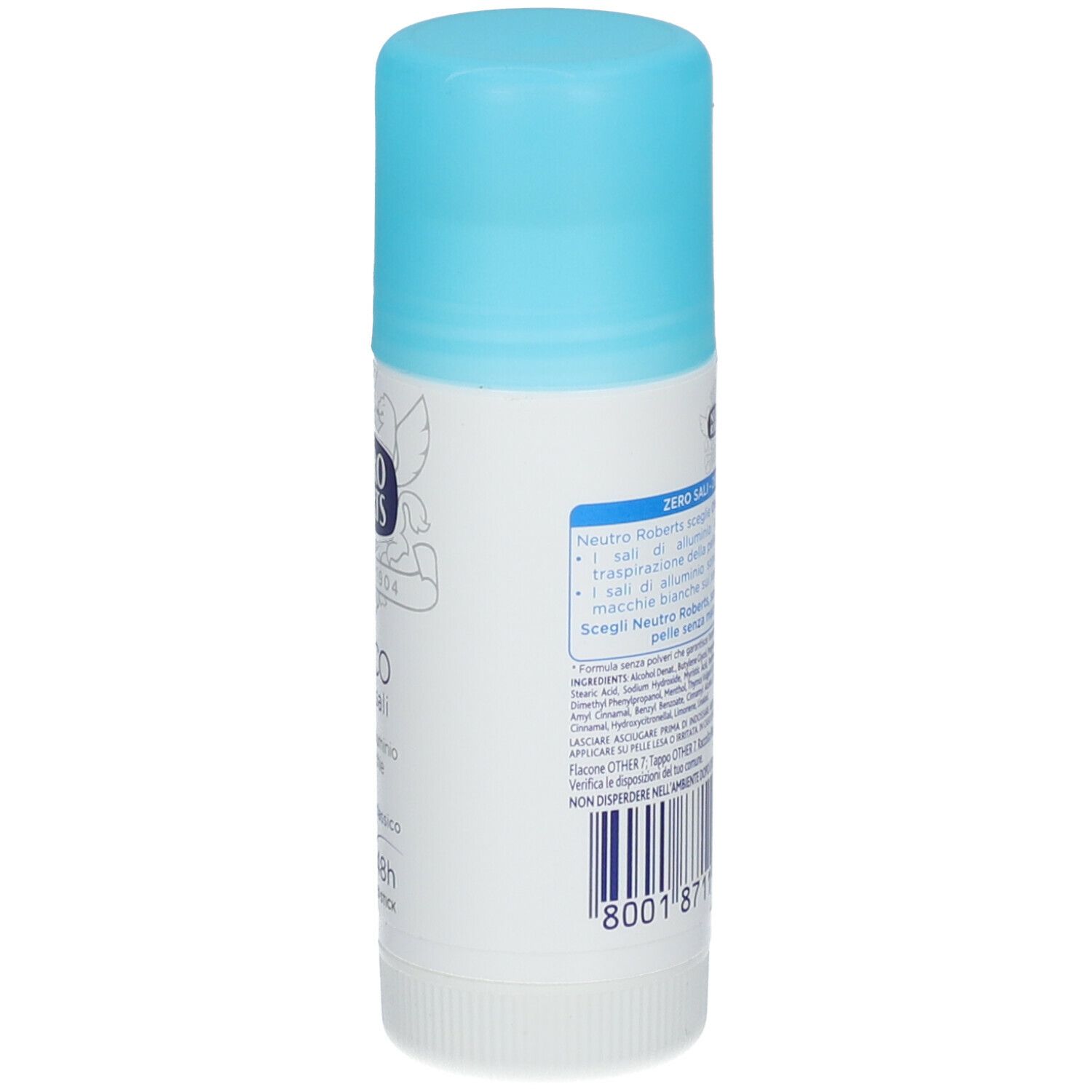 Stick deodorante Neutro Roberts bianco, tappo azzurro. Retro con testo e codice a barre.