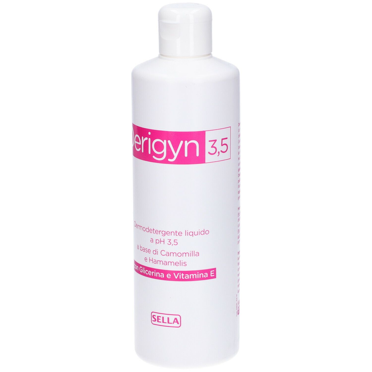 Flacone bianco con etichetta rosa. Scritta: Derigyn 3,5. Contiene camomilla, amamelide, glicerina e vitamina E. Marchio: Sella.