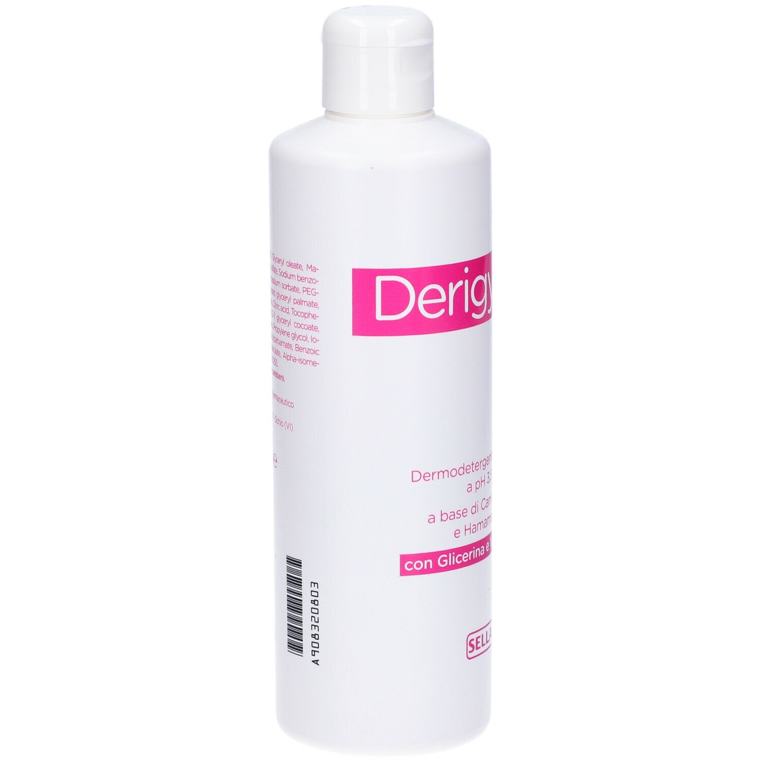 Flacone bianco con etichetta rosa. Scritta: Derigyn 3,5. Contiene camomilla, amamelide, glicerina e vitamina E. Marchio: Sella.