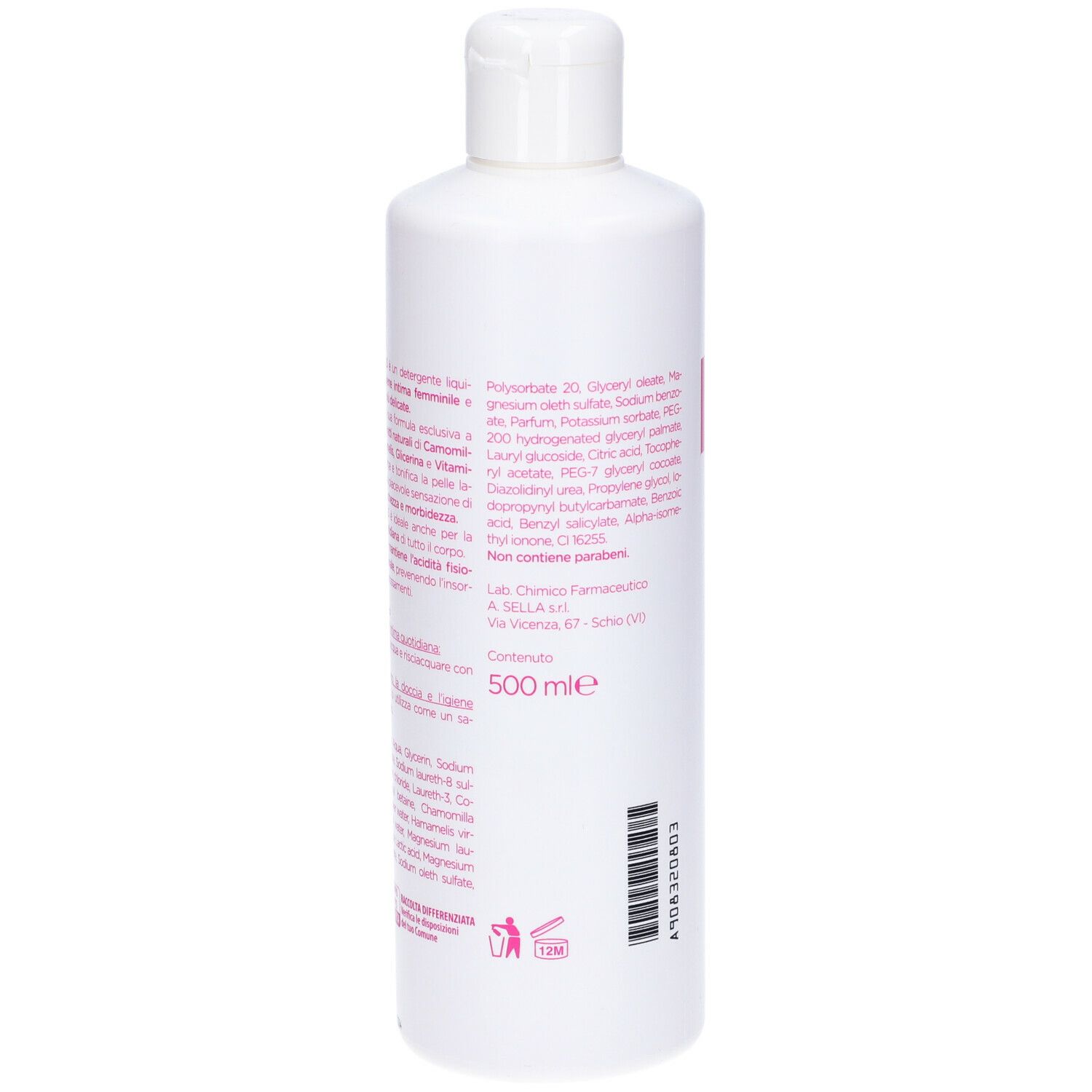 Flacone bianco con etichetta rosa. Scritta: Derigyn 3,5. Contiene camomilla, amamelide, glicerina e vitamina E. Marchio: Sella. Retro con ingredienti.