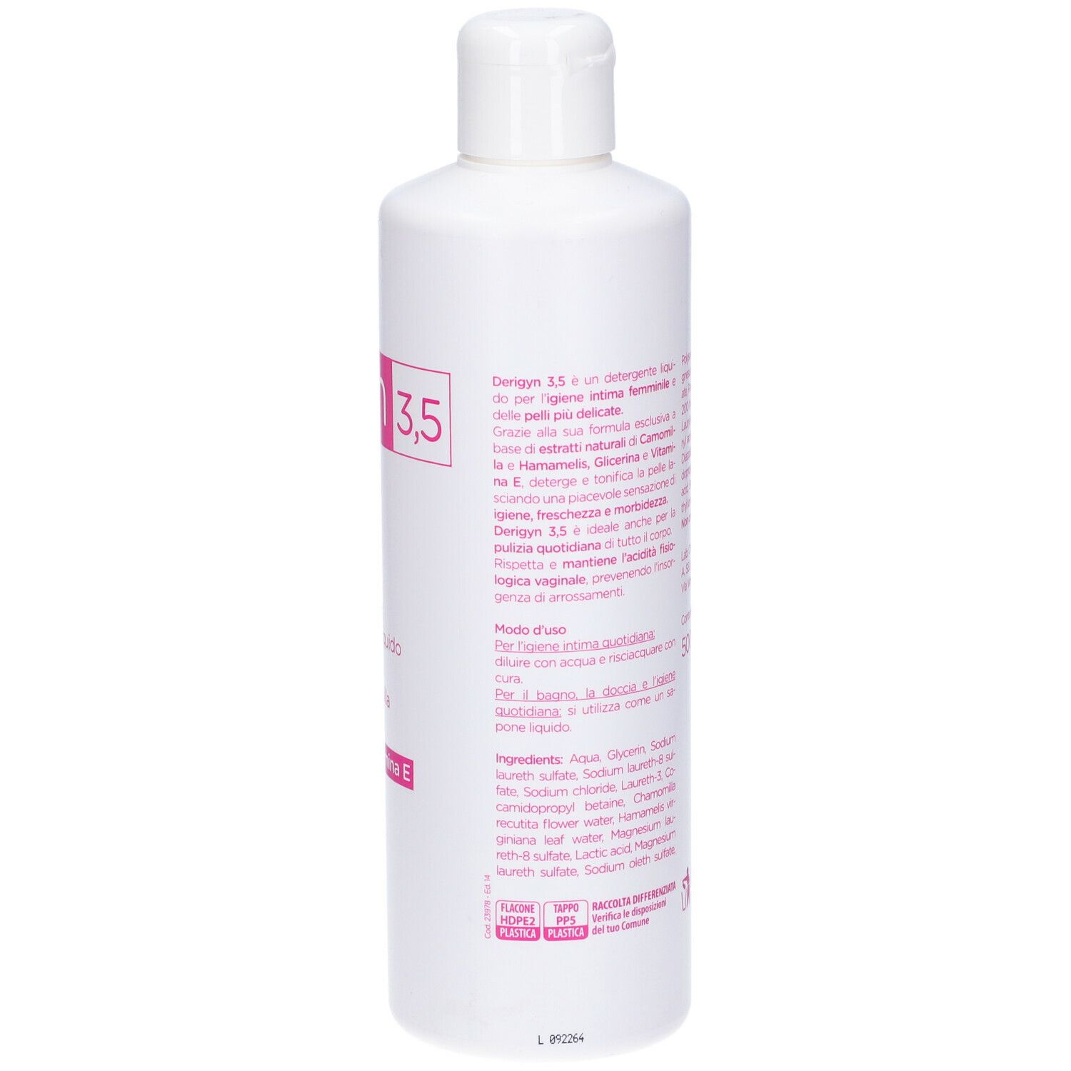 Flacone bianco con etichetta rosa. Scritta: Derigyn 3,5. Contiene camomilla, amamelide, glicerina e vitamina E. Marchio: Sella. Retro con testo.