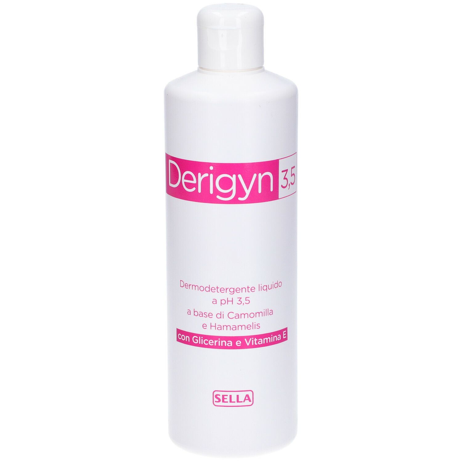 Flacone bianco con etichetta rosa. Scritta: Derigyn 3,5. Contiene camomilla, amamelide, glicerina e vitamina E. Marchio: Sella.
