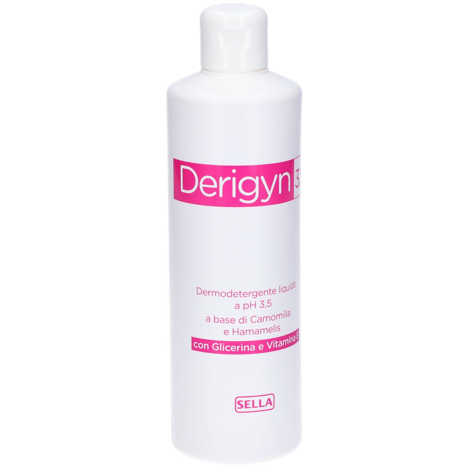 Flacone bianco con etichetta rosa. Scritta: Derigyn 3,5. Contiene camomilla, amamelide, glicerina e vitamina E. Marchio: Sella.