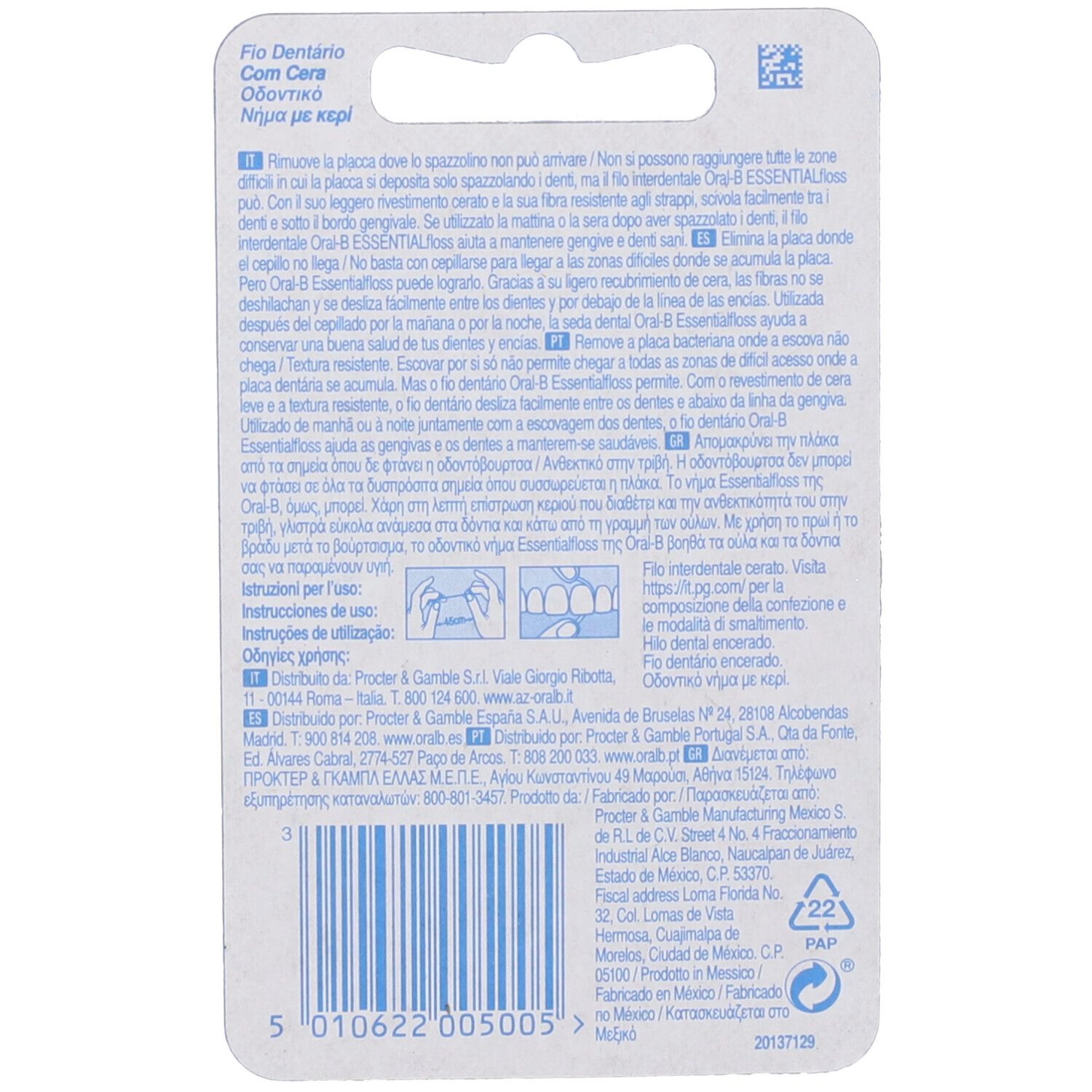 Rückseite der Zahnseide-Verpackung. Text in mehreren Sprachen. Herstellerinformationen und Logos.