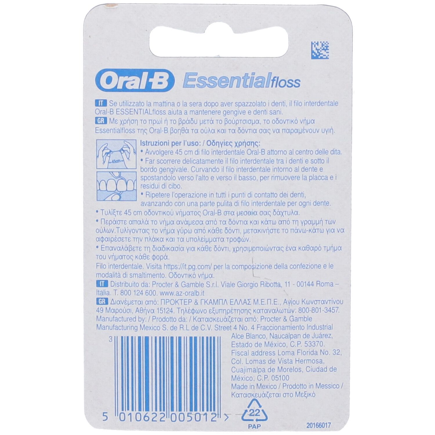 Oral-B Essentialfloss Zahnseide-Verpackung mit Anweisungen und Produktinformationen.
