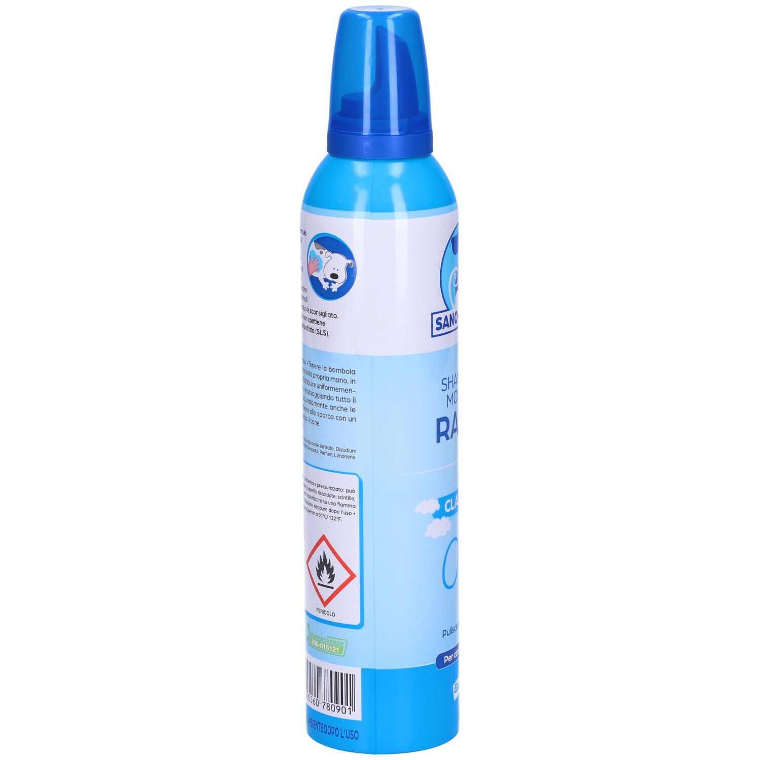 Flacone blu e bianco. Scritte "Sano-Bello", "Shampoo Mousse Rapid", "Classico". Retro con testo e simboli.