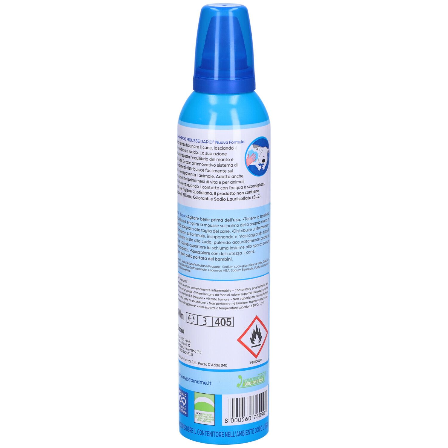 Flacone blu e bianco. Scritte "Sano-Bello", "Shampoo Mousse Rapid", "Classico". Retro con testo e simboli.