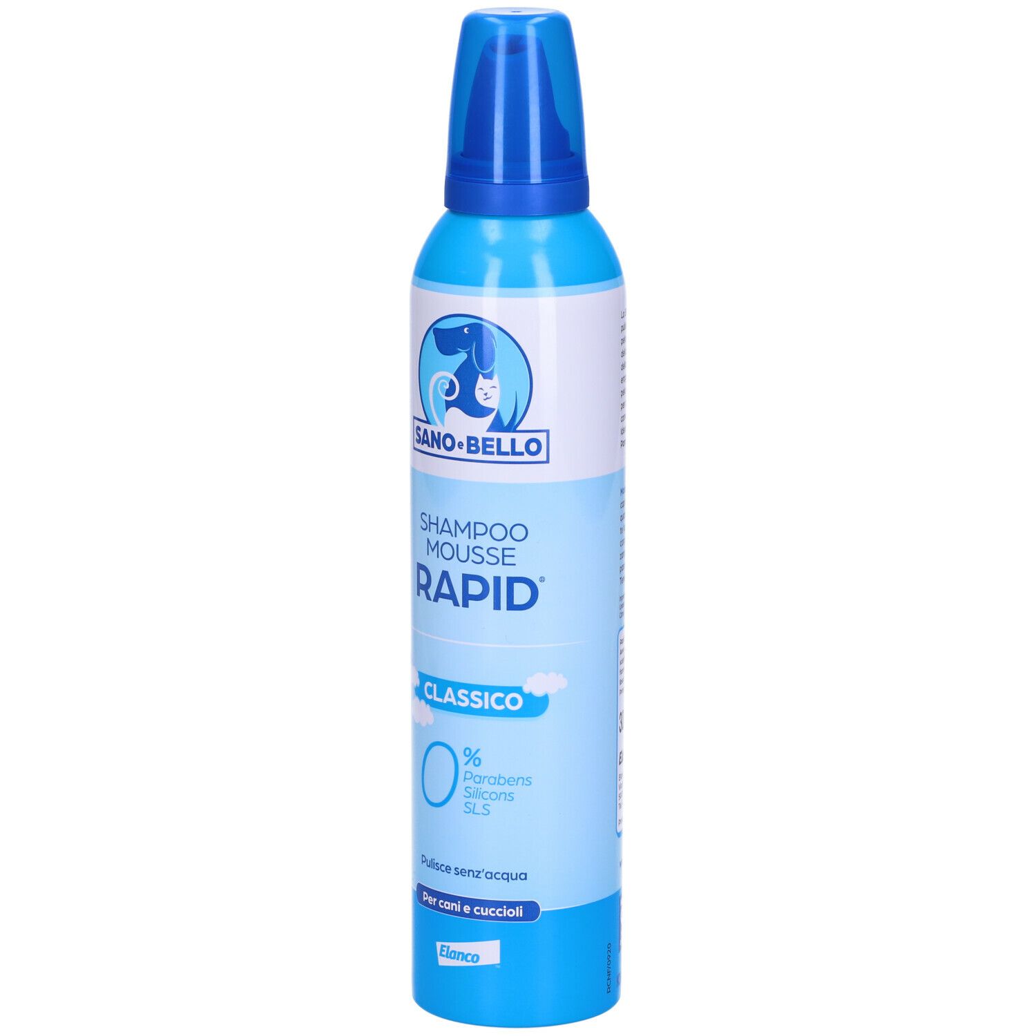 Flacone blu e bianco con logo e nome del prodotto. Visibili "Shampoo Mousse Rapid" e "Classico".