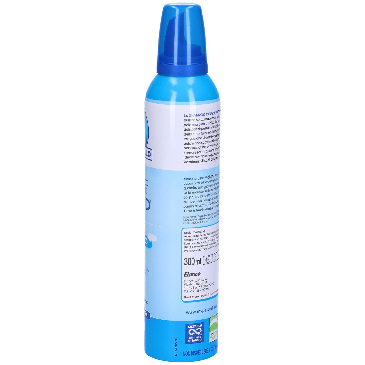 Flacone blu e bianco. Scritte "Sano-Bello", "Shampoo Mousse Rapid", "Classico". Retro con testo e simboli.