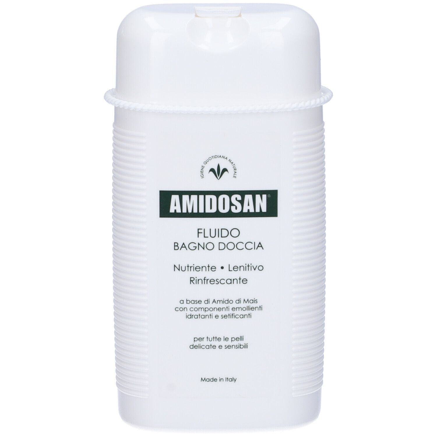 Flacone bianco con chiusura a ribalta. Scritta: AMIDOSAN Fluido Bagno Doccia. Etichetta verde e bianca.