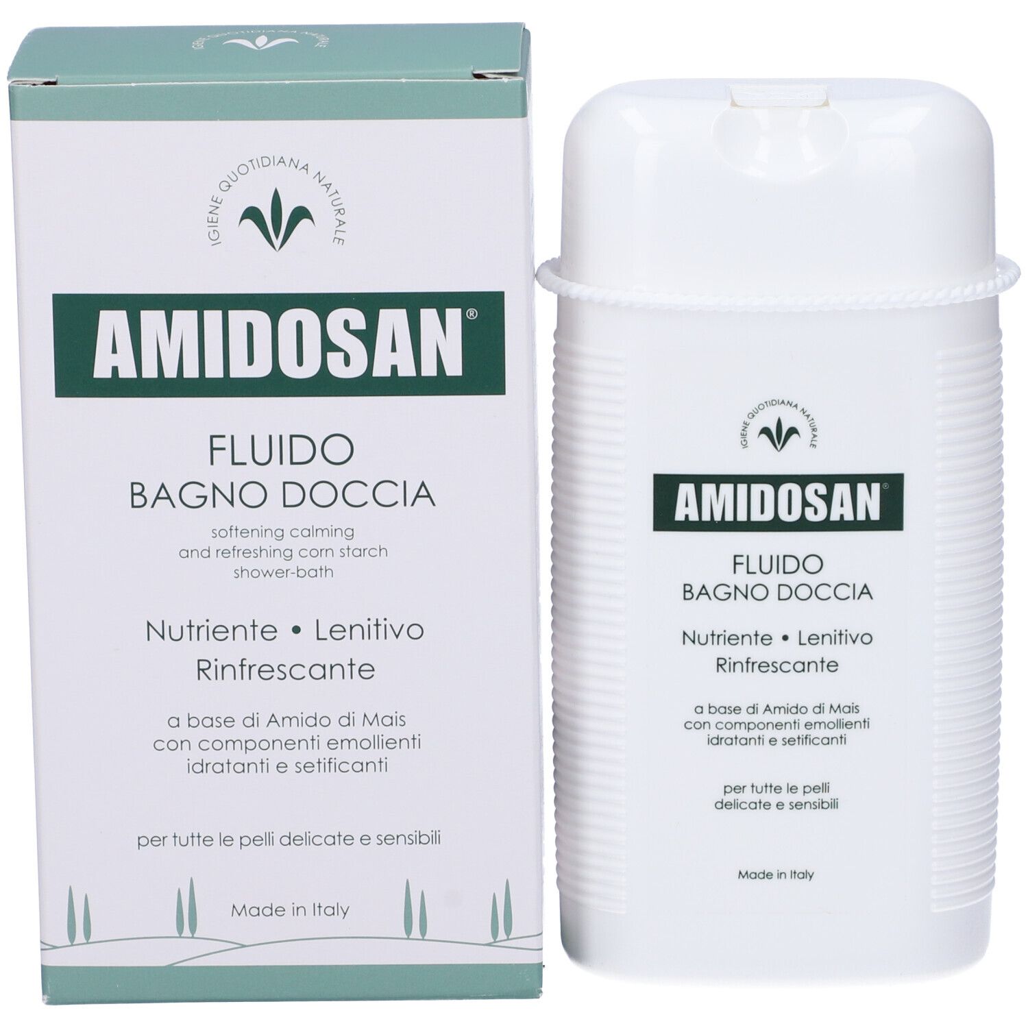 Confezione del prodotto con flacone. Scatola e flacone con scritta: AMIDOSAN Fluido Bagno Doccia. Design verde e bianco.