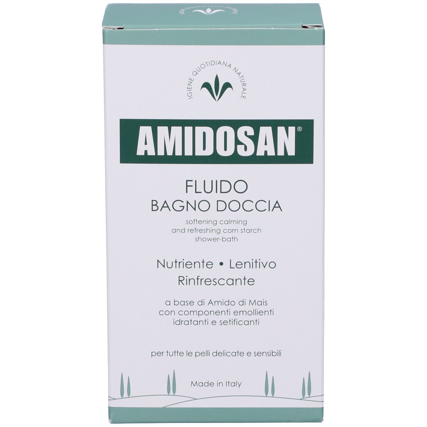 Confezione del prodotto. Scatola con scritta: AMIDOSAN Fluido Bagno Doccia. Design verde e bianco. Made in Italy.
