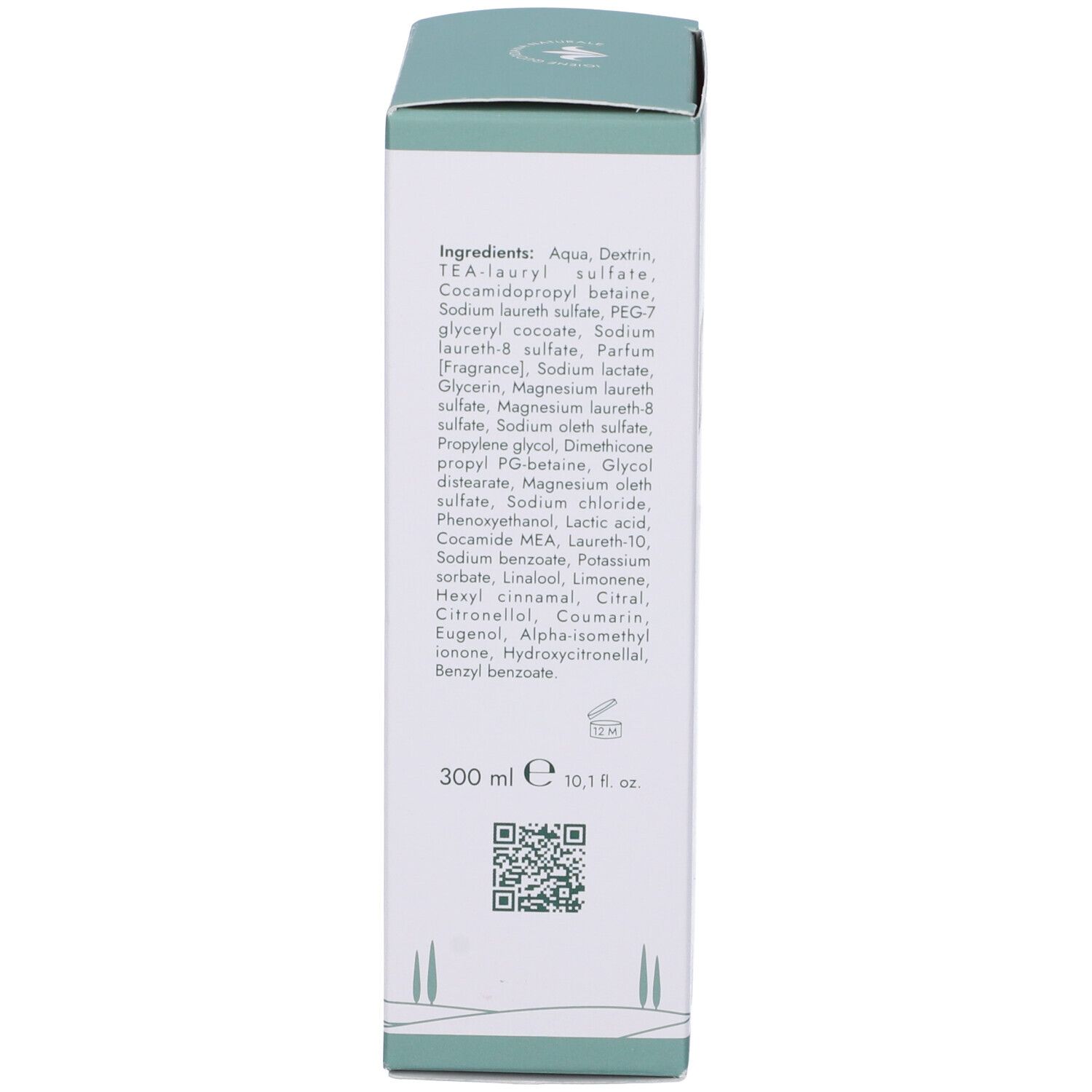 Vista laterale della confezione del prodotto. Testo con ingredienti e informazioni. Design verde e bianco.