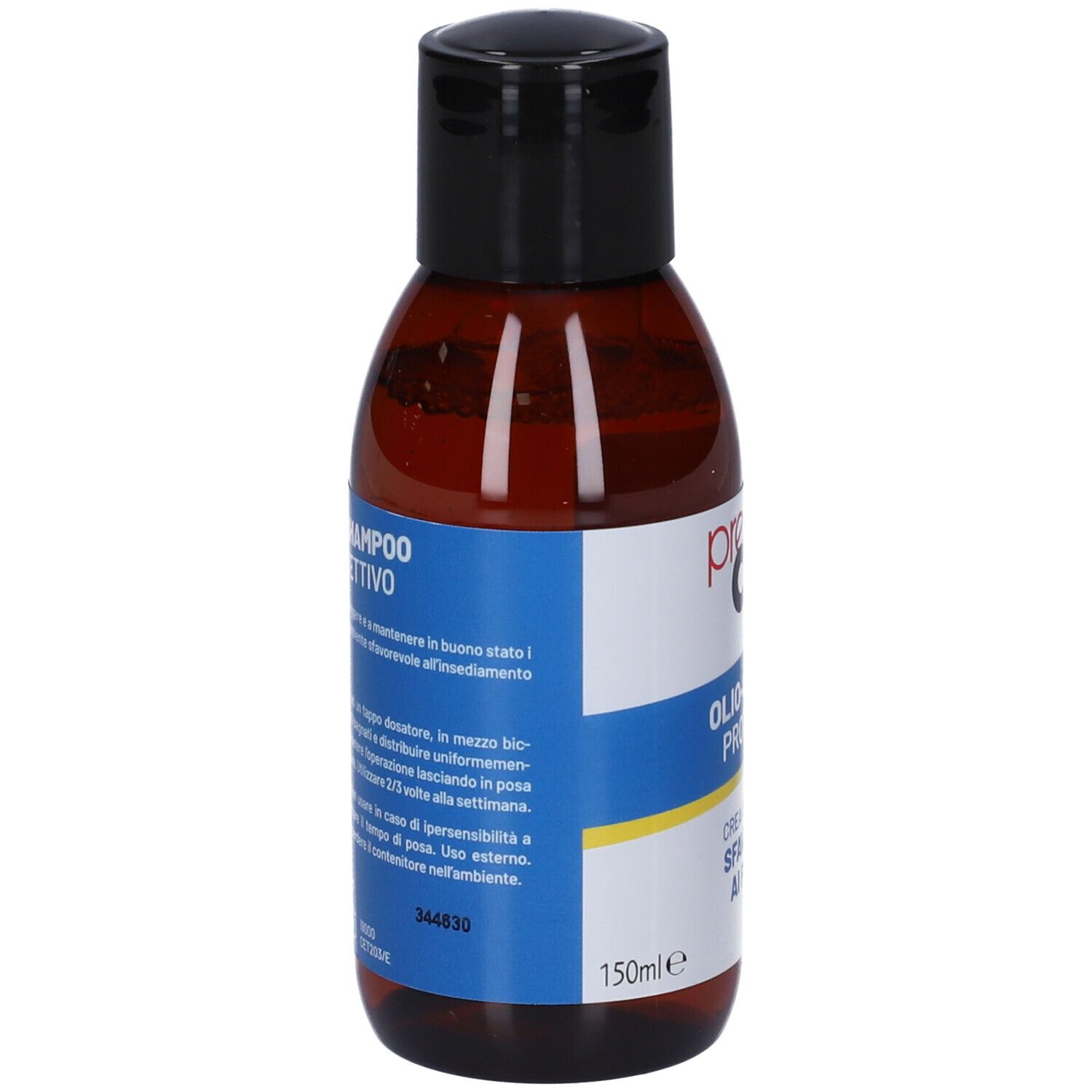 Braune Flasche mit schwarzem Deckel. Aufkleber mit Text. Text: OLIOSHAMPPO PROTETTIVO. 150ml e.
