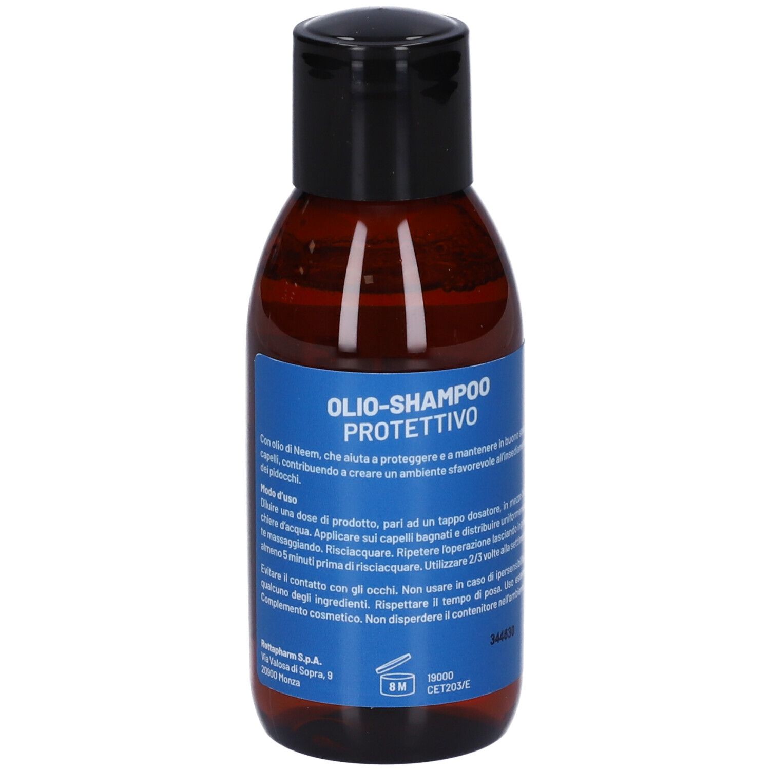 Braune Flasche mit schwarzem Deckel. Aufkleber mit Text. Text: OLIOSHAMPPO PROTETTIVO. 150ml e. 8M.