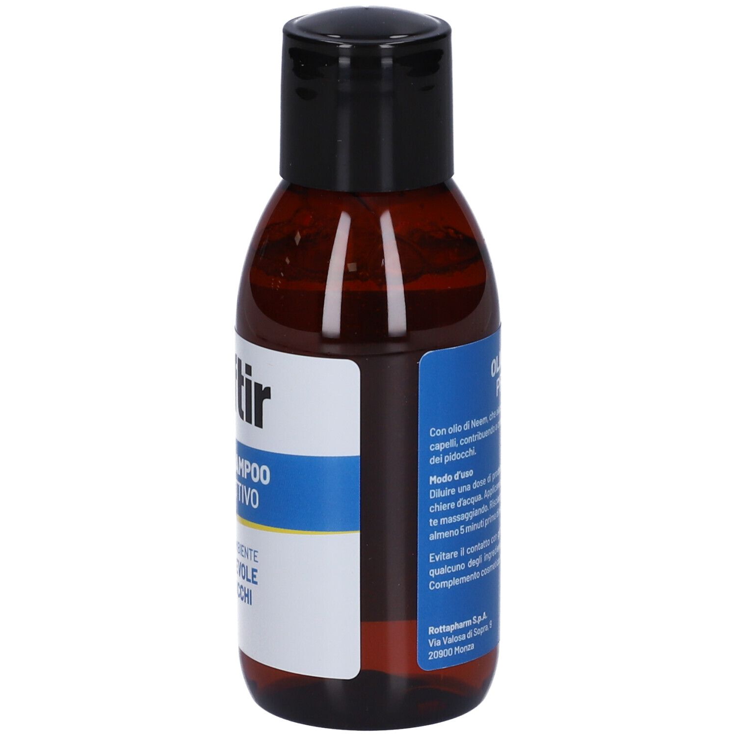 Braune Flasche mit schwarzem Deckel. Aufkleber mit Text. Text: OLIOSHAMPPO PROTETTIVO. 150ml e.