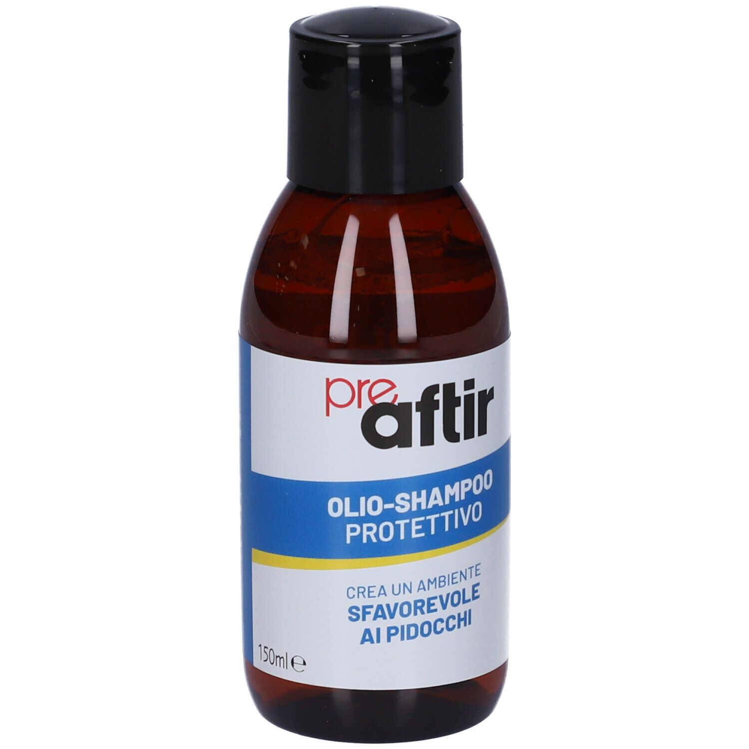 Braune Flasche mit schwarzem Deckel. Aufkleber mit Produktnamen und blauer Linie. Text: OLIOSHAMPPO PROTETTIVO. 150ml e.