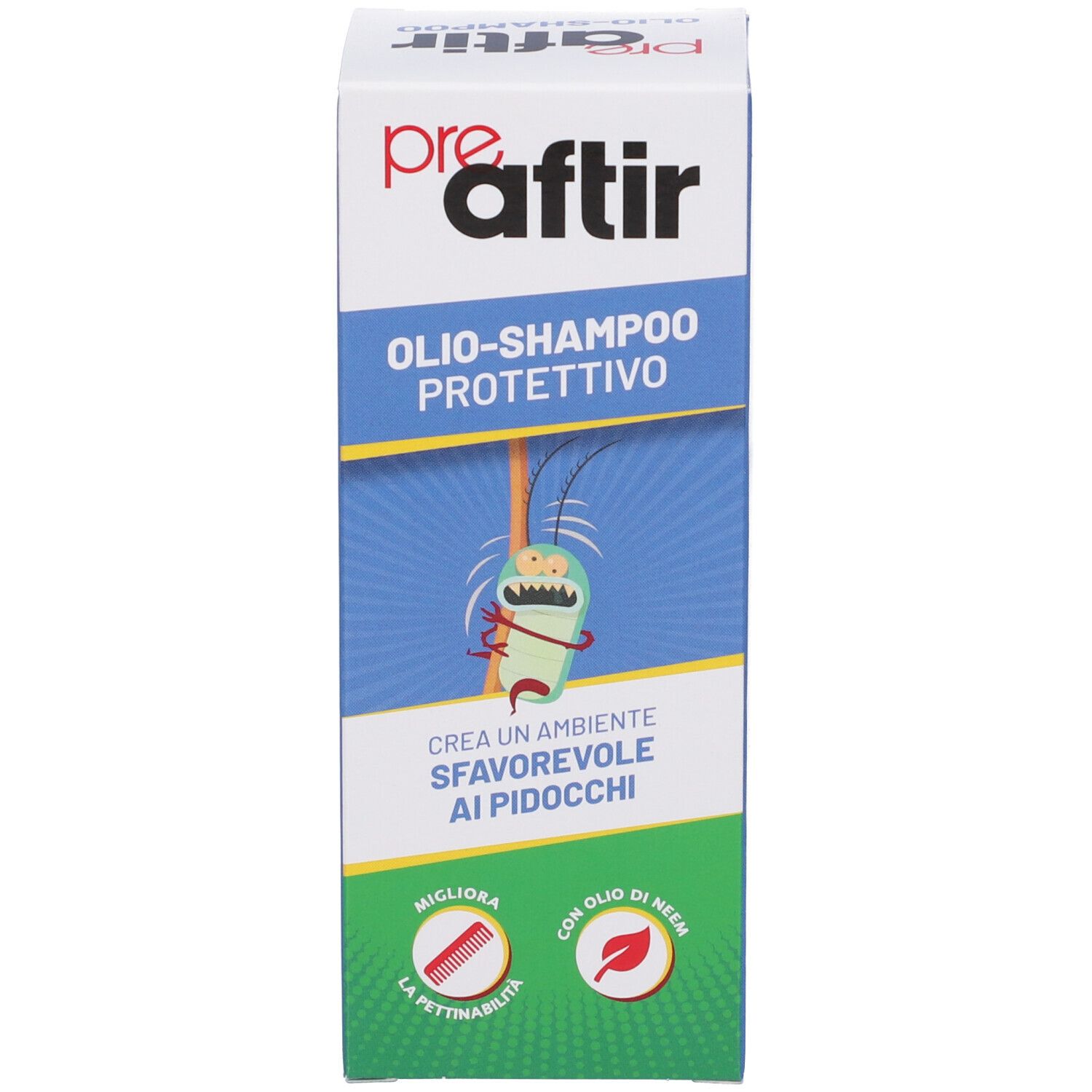 Weiße Verpackung mit Produktnamen und Illustration. Text: OLIOSHAMPPO PROTETTIVO. Illustration eines Zeichentrick-Insekts.