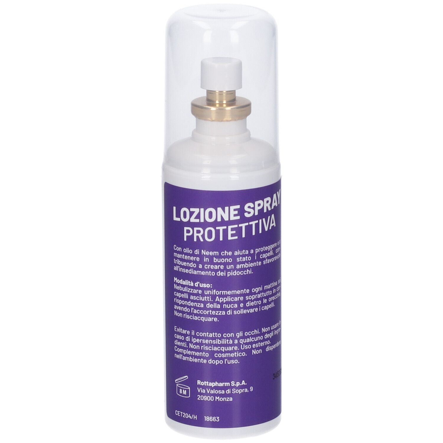 Weiße Sprühflasche mit durchsichtiger Kappe. Aufschrift: PreAftir, Lozione Spray Protettiva. Lila Etikett mit Text.