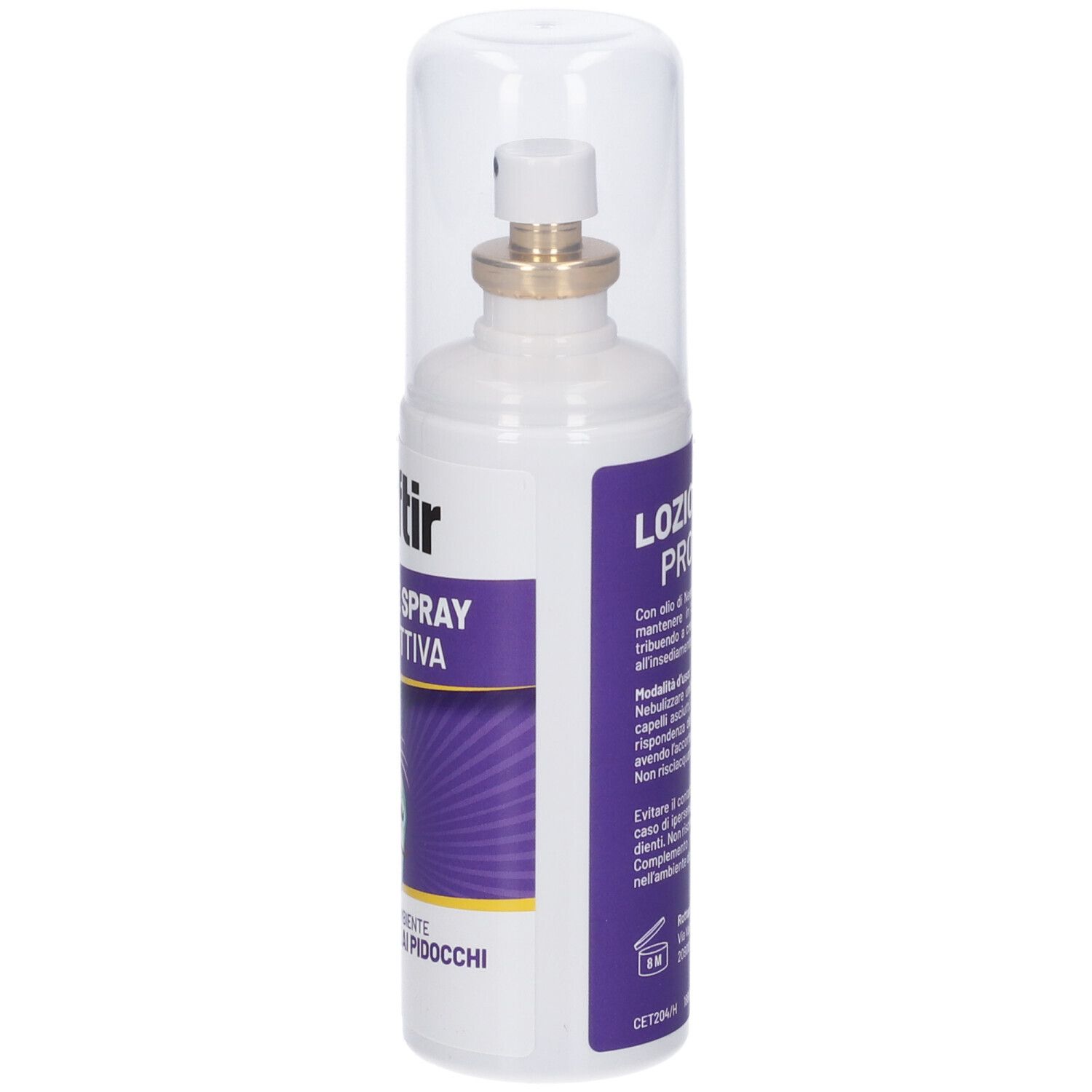 Weiße Sprühflasche mit durchsichtiger Kappe. Aufschrift: PreAftir, Lozione Spray Protettiva. Lila Etikett mit Text.