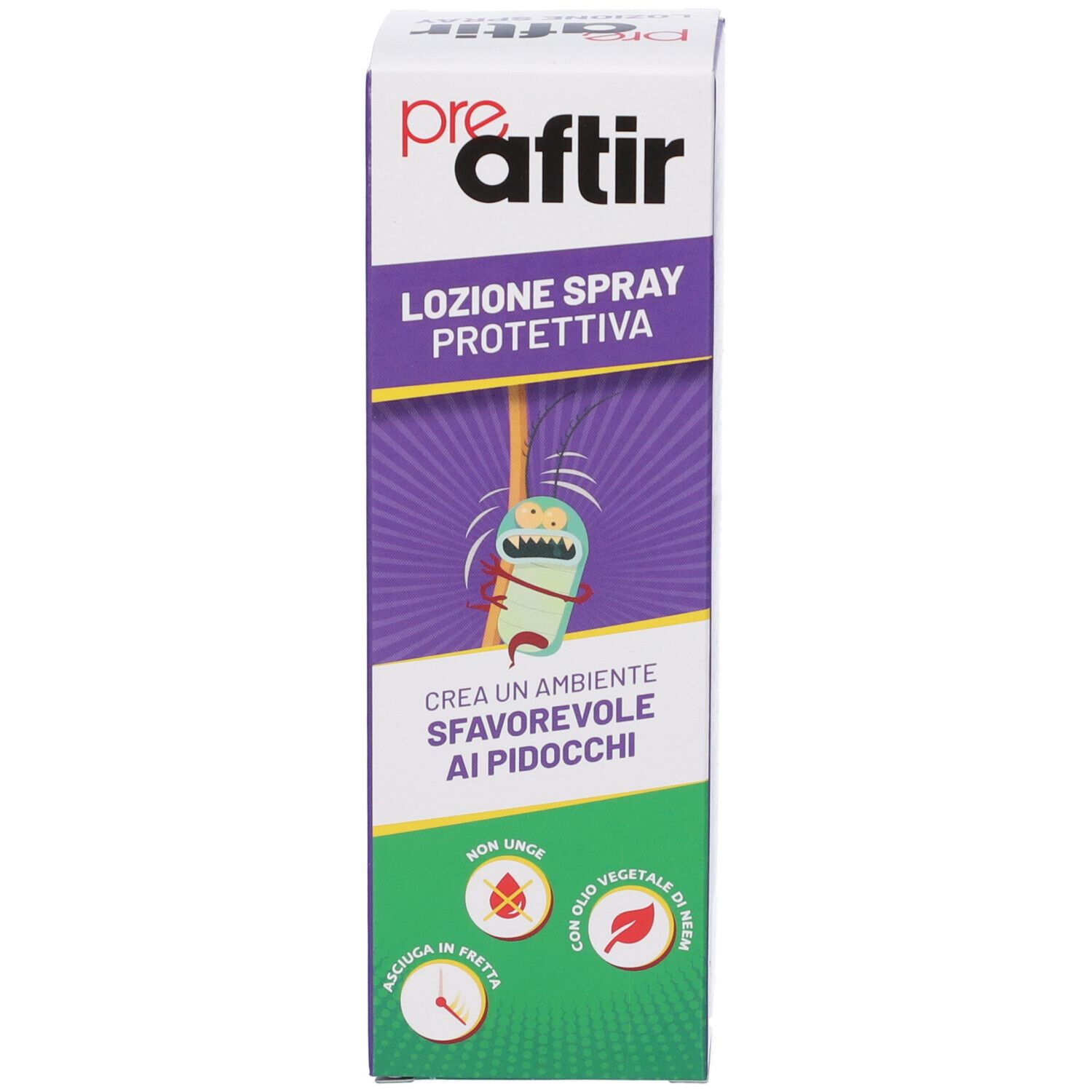 Kartonverpackung. Aufschrift: PreAftir, Lozione Spray Protettiva. Lila Etikett mit Illustration und Text.