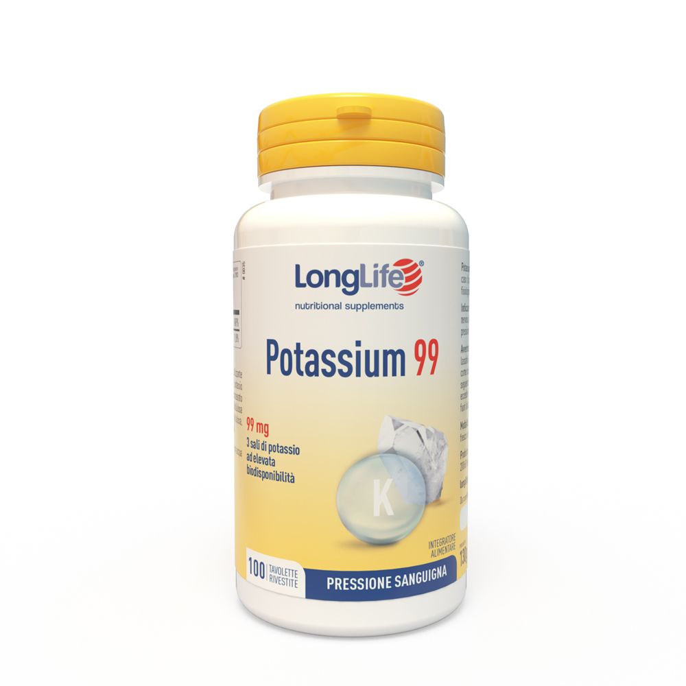 Flacone bianco con tappo giallo. Scritta: LongLife Potassium 99. 100 compresse.