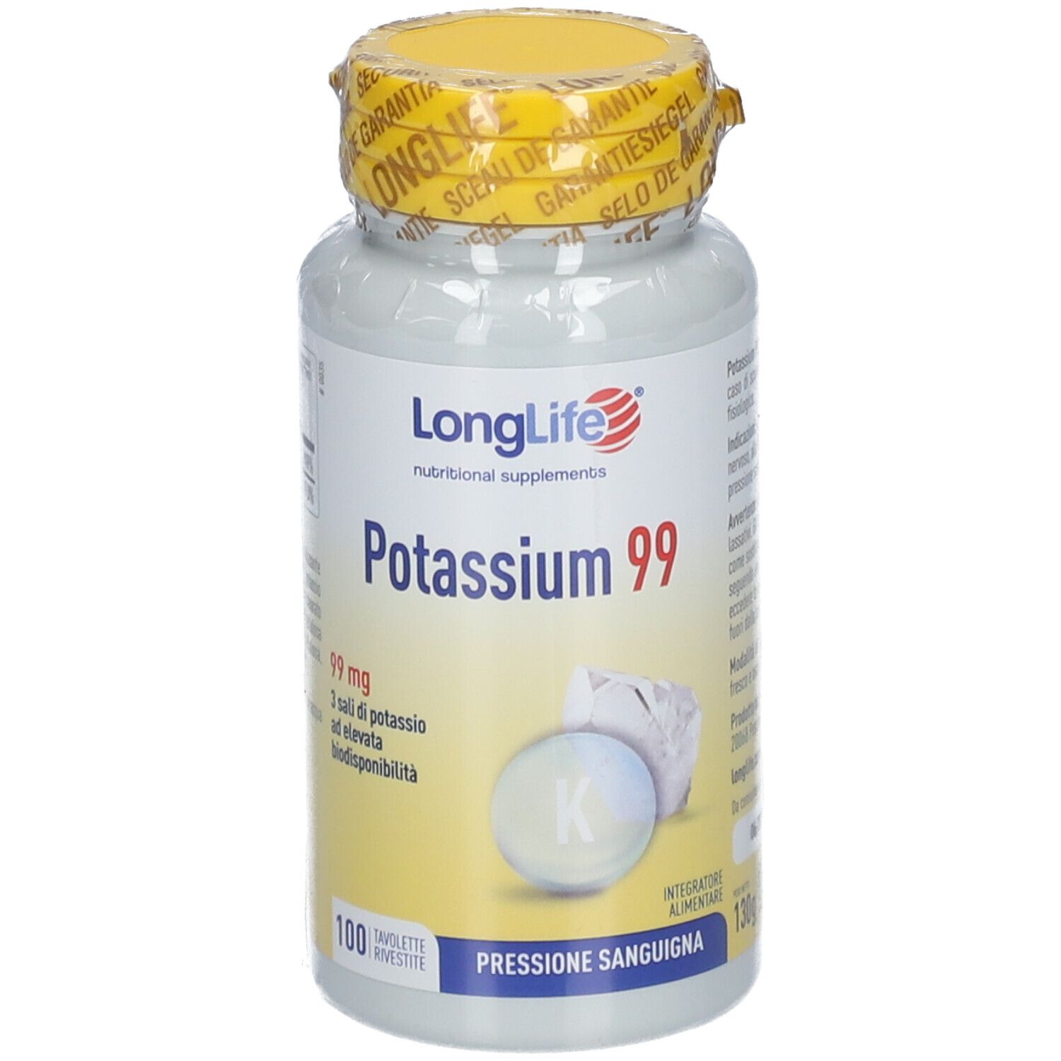 Flacone bianco con tappo giallo e sigillo. Scritta: LongLife Potassium 99. 100 compresse.