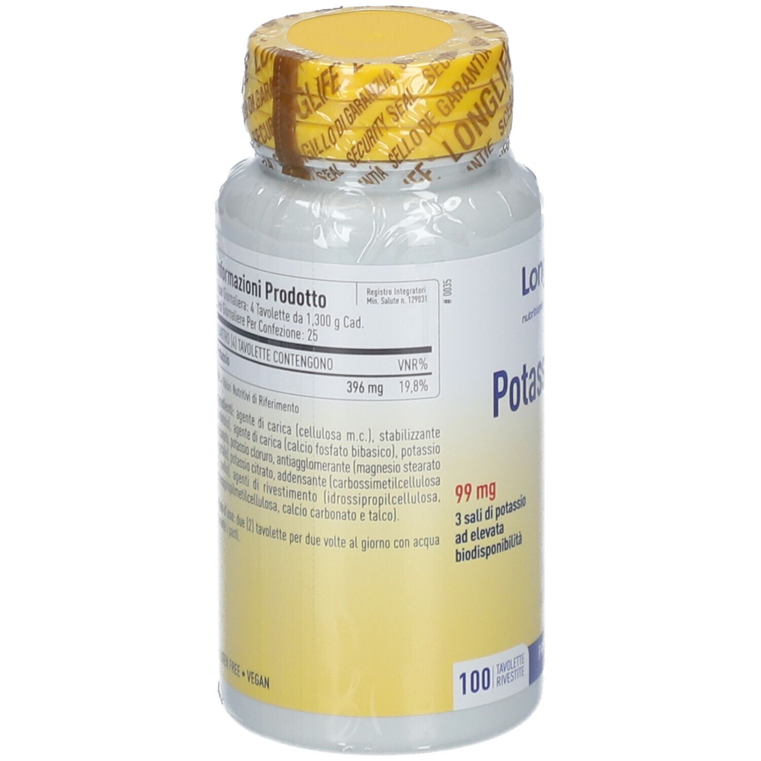 Flacone bianco con tappo giallo e sigillo. Informazioni prodotto sul retro. 100 compresse.