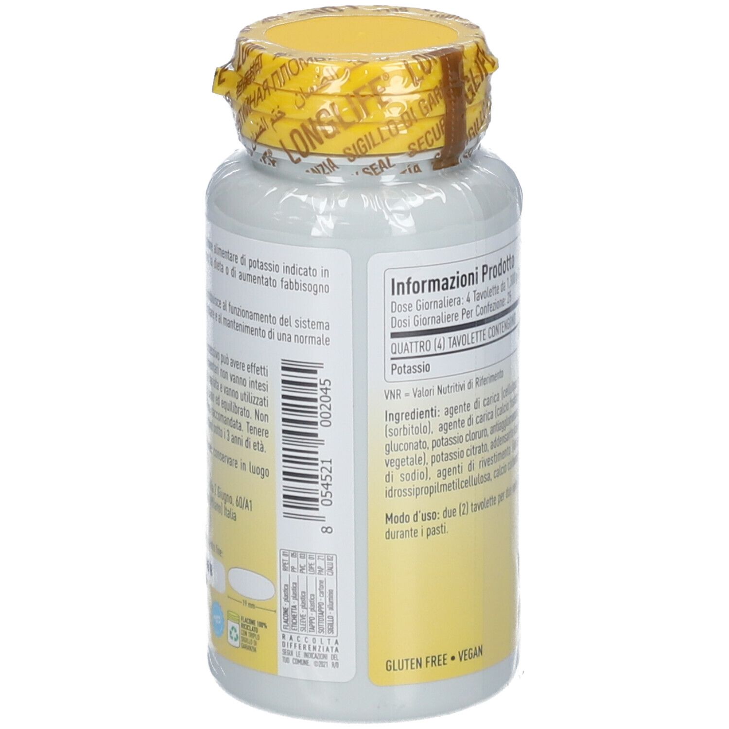 Flacone bianco con tappo giallo e sigillo. Informazioni prodotto sul retro. Senza glutine, vegano.