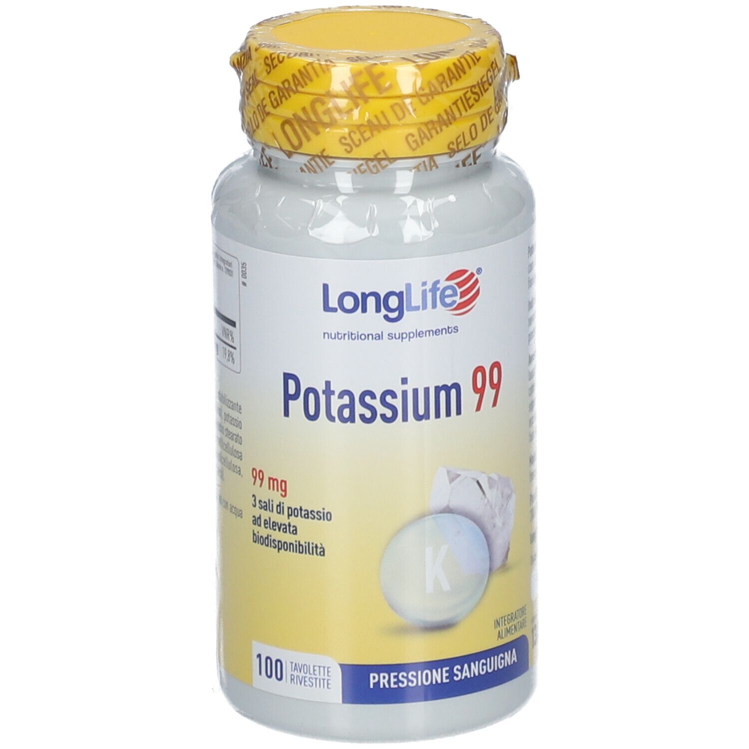 Flacone bianco con tappo giallo e sigillo. Scritta: LongLife Potassium 99. 100 compresse.