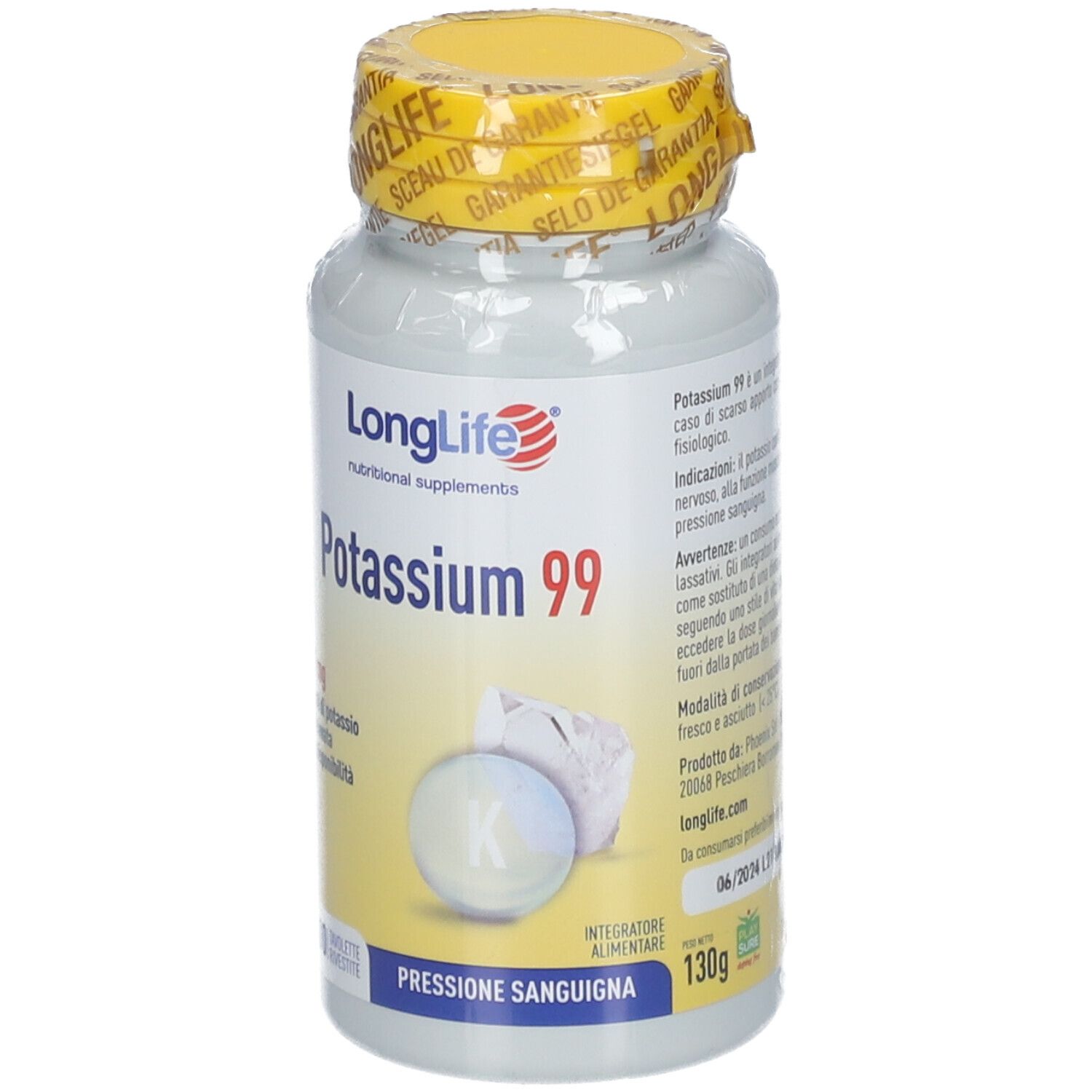 Flacone bianco con tappo giallo e sigillo. Scritta: LongLife Potassium 99. 130g.
