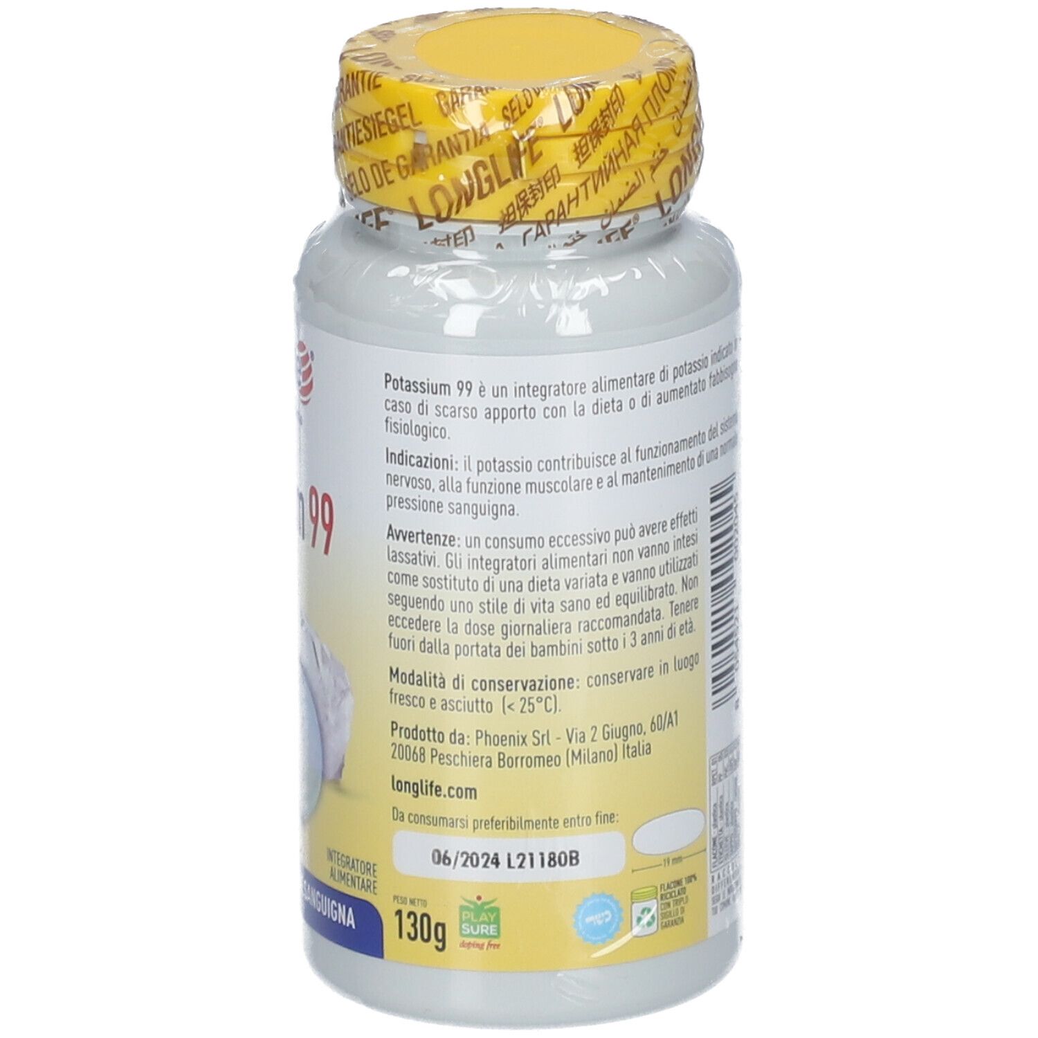 Flacone bianco con tappo giallo e sigillo. Informazioni prodotto sul retro. 130g.