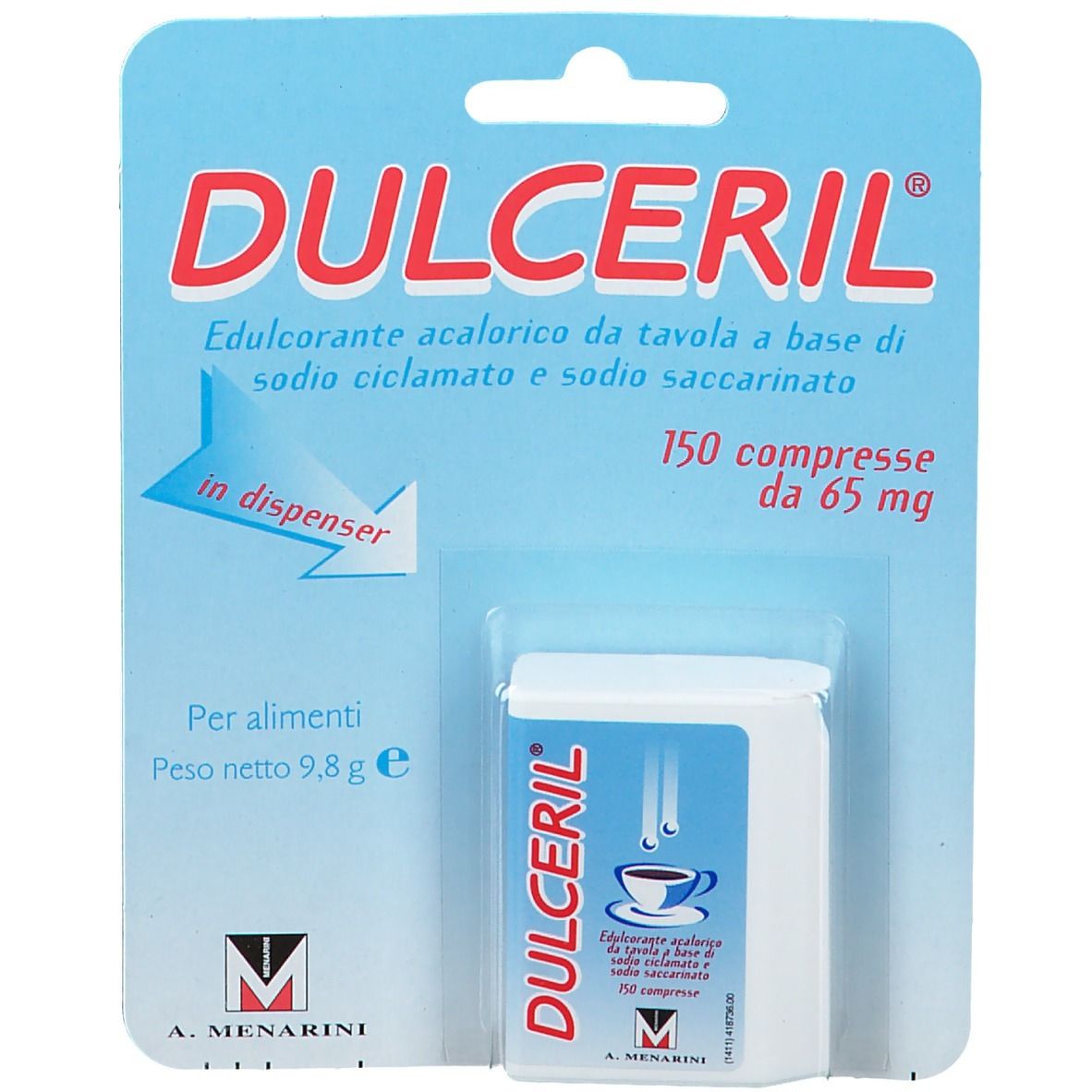 Verpackung von Dulceril, kalorienfreier Süßstoff. Enthält 150 Tabletten. Blaue und weiße Verpackung mit Produktnamen.