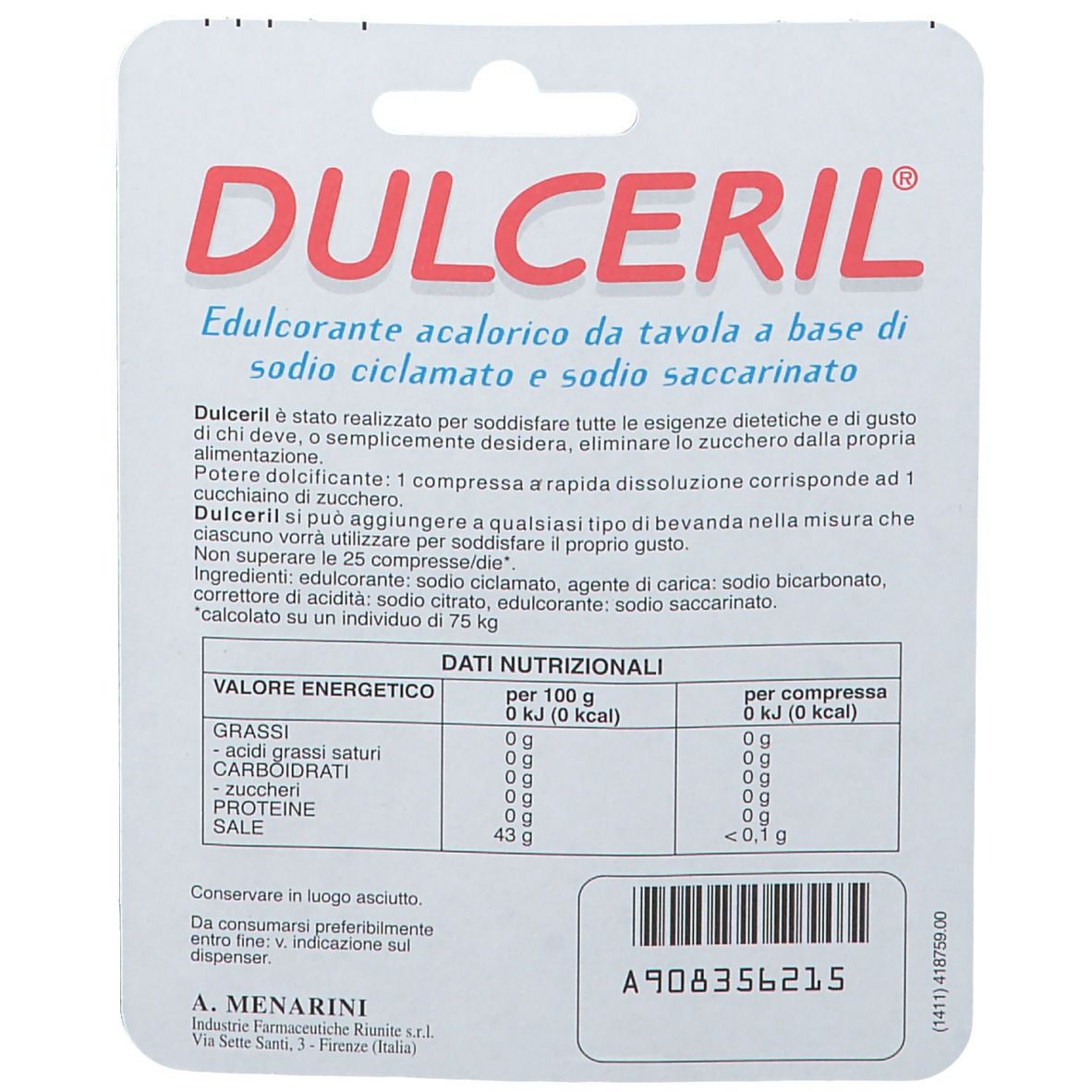 Rückseite der Dulceril-Verpackung. Enthält Informationen zu Inhaltsstoffen und Nährwerten. Weißer Hintergrund mit roter Schrift.