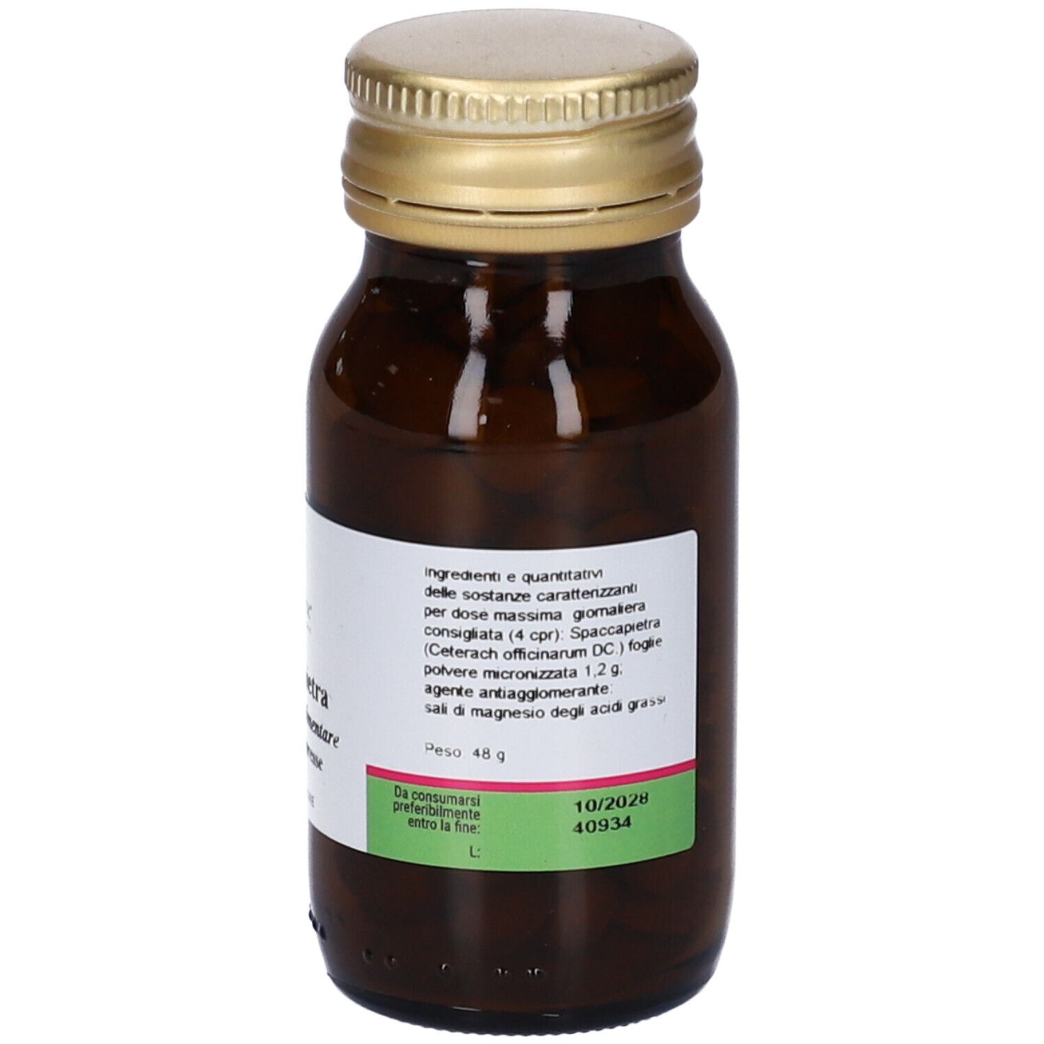 Vista posteriore del flacone di vetro marrone con tappo dorato. Etichetta con ingredienti e data di scadenza. Marca: Erbex.