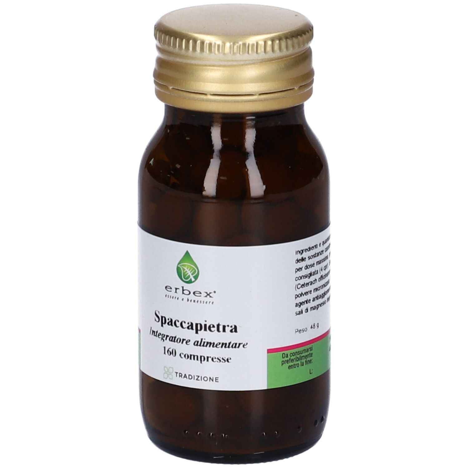 Flacone di vetro marrone con tappo dorato. Etichetta con nome del prodotto e 160 compresse. Marca: Erbex.