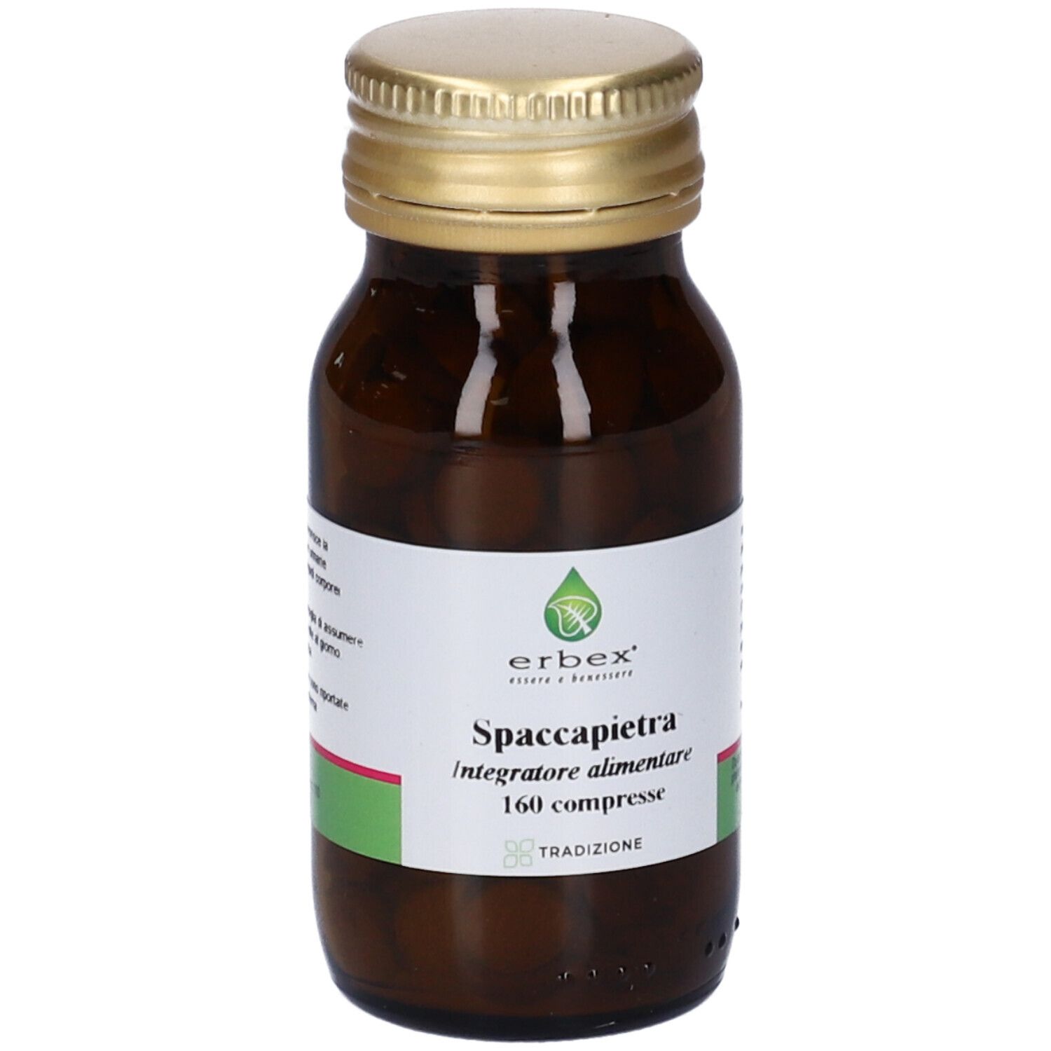 Flacone di vetro marrone con tappo dorato. Etichetta con nome del prodotto e 160 compresse. Marca: Erbex.