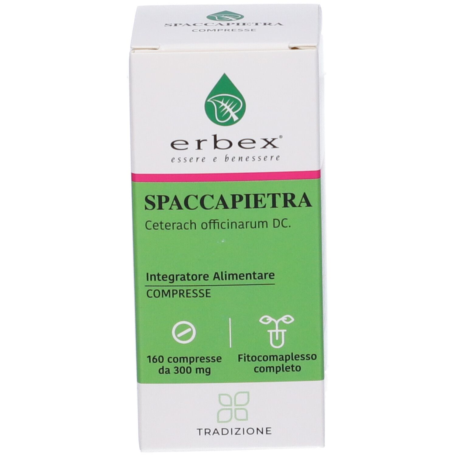 Scatola bianca con etichetta verde. Nome del prodotto e 160 compresse. Marca: Erbex.
