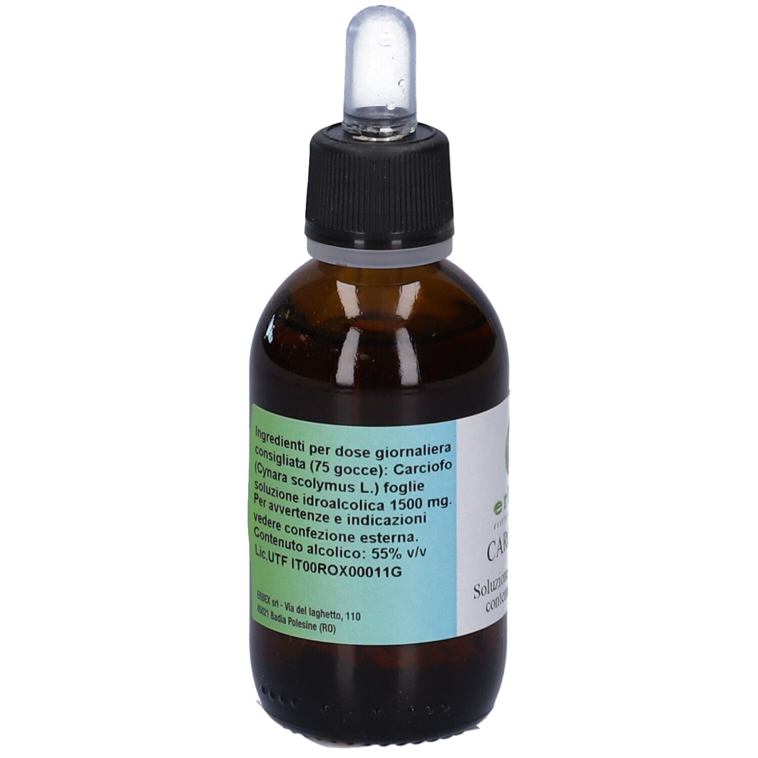 Flacone di vetro marrone con tappo nero e contagocce. Etichetta con ingredienti e contenuto alcolico.