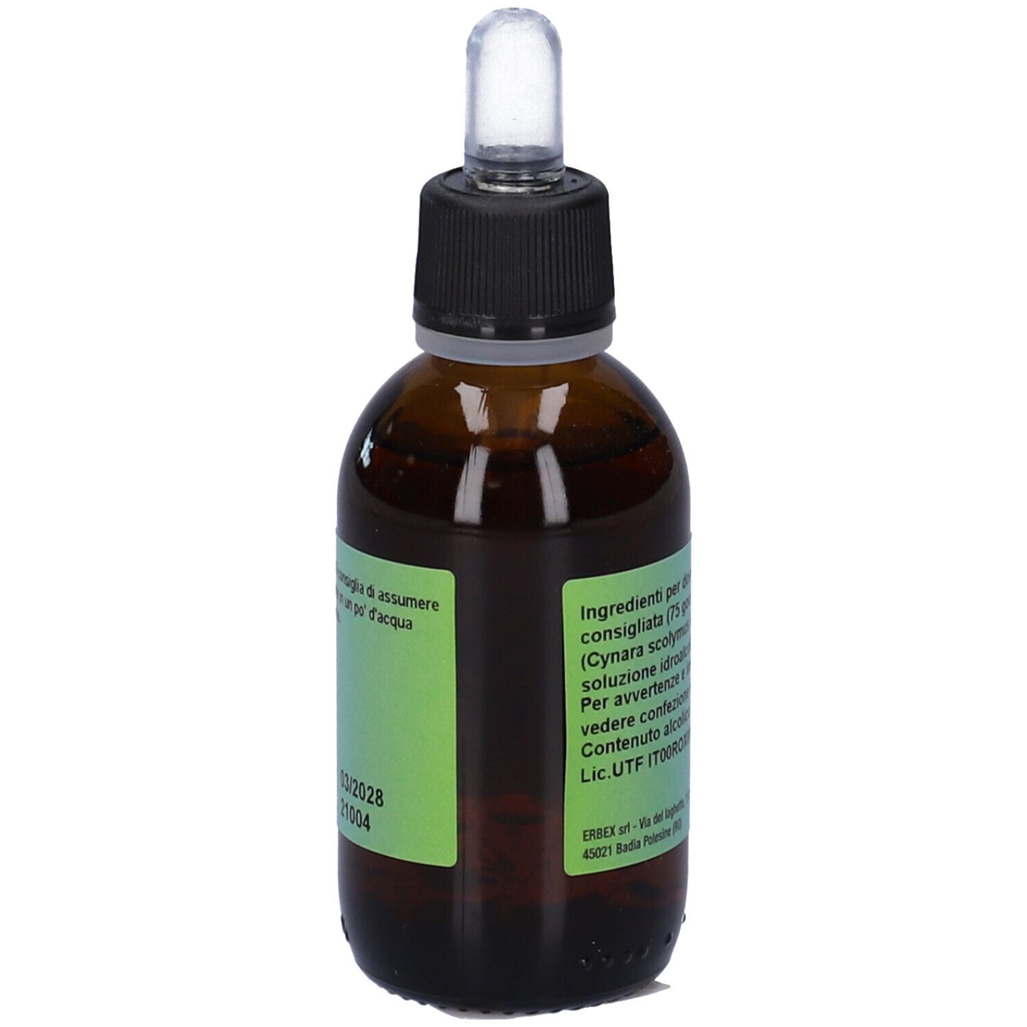 Flacone di vetro marrone con tappo nero e contagocce. Etichetta con ingredienti e scadenza.