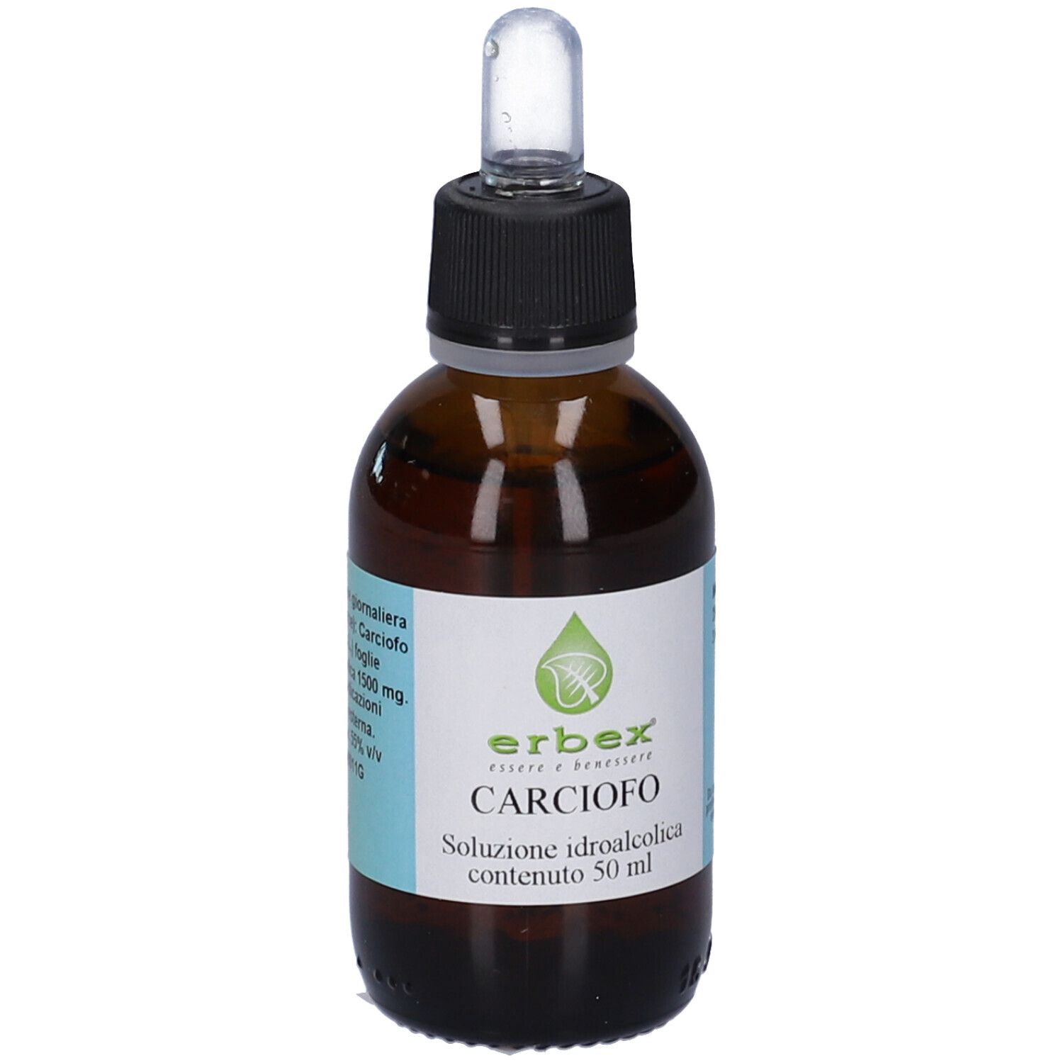 Flacone di vetro marrone con tappo nero e contagocce. Etichetta con nome del prodotto, marchio e ingredienti.