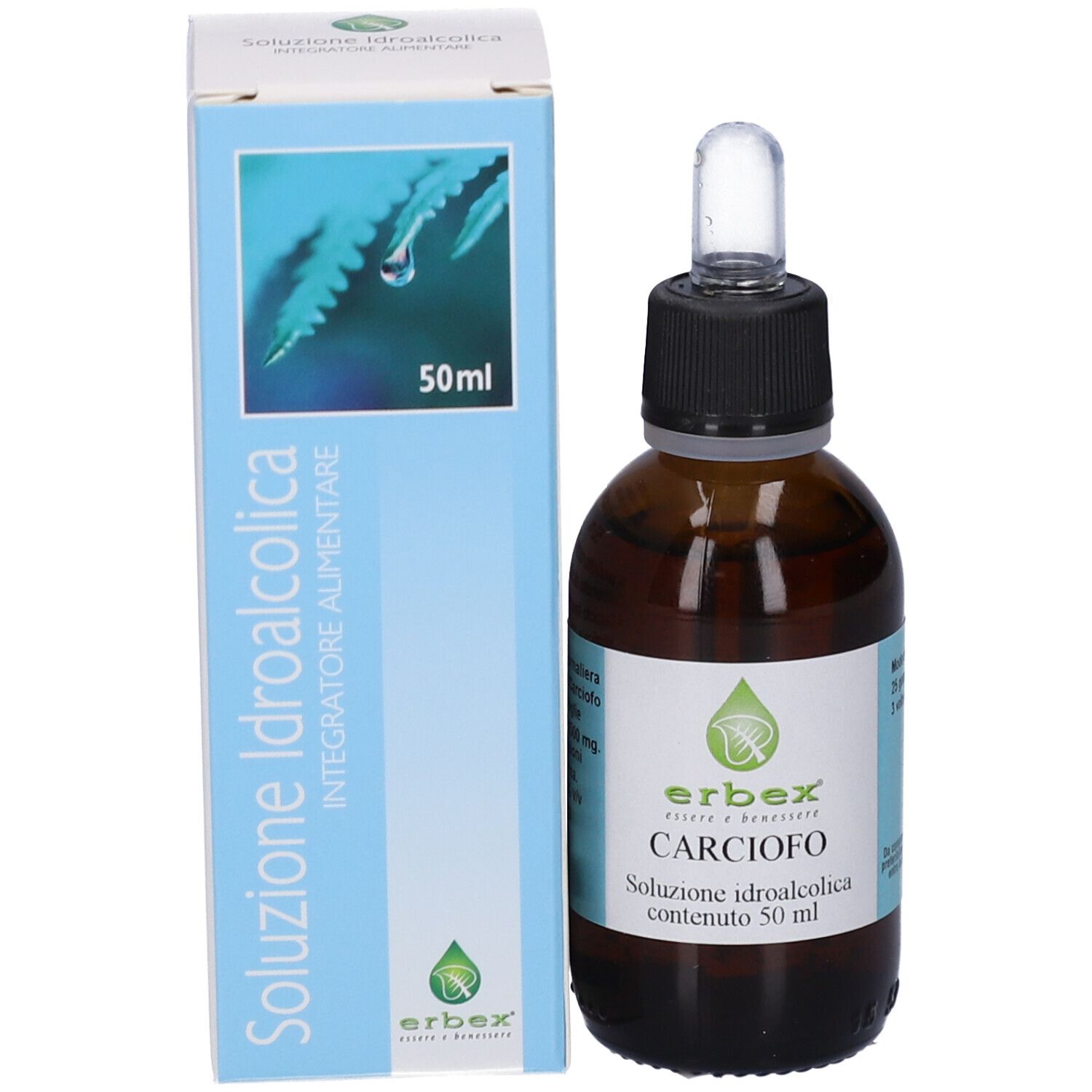 Flacone di vetro marrone con tappo nero e contagocce, accanto a una scatola. Sulla scatola c'è scritto '50ml'.