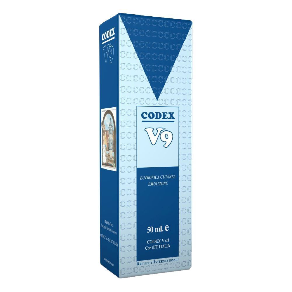 Confezione blu e bianca con nome prodotto V9 e Codex. Testo: Emulsione, 50 ml. e. Confezione prodotto italiana.