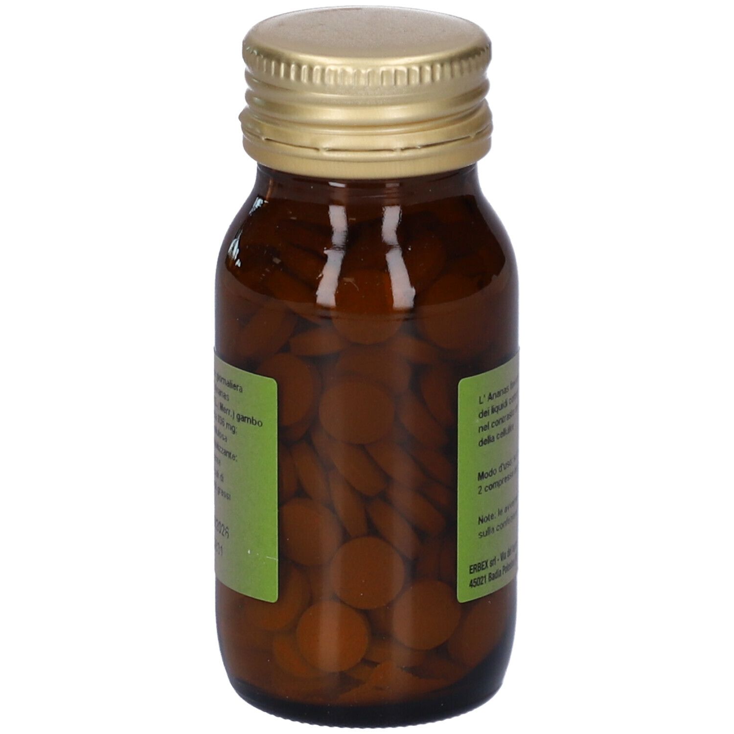 Retro del flacone marrone. Etichetta con testo. Tappo dorato. Compresse marroni visibili.