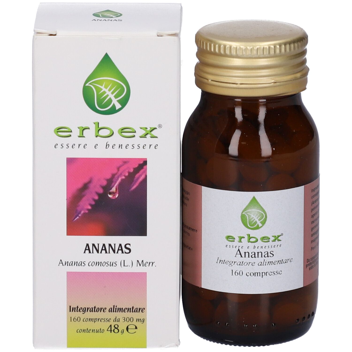 Flacone marrone e scatola. Scatola con logo Erbex e "Ananas". 160 compresse.