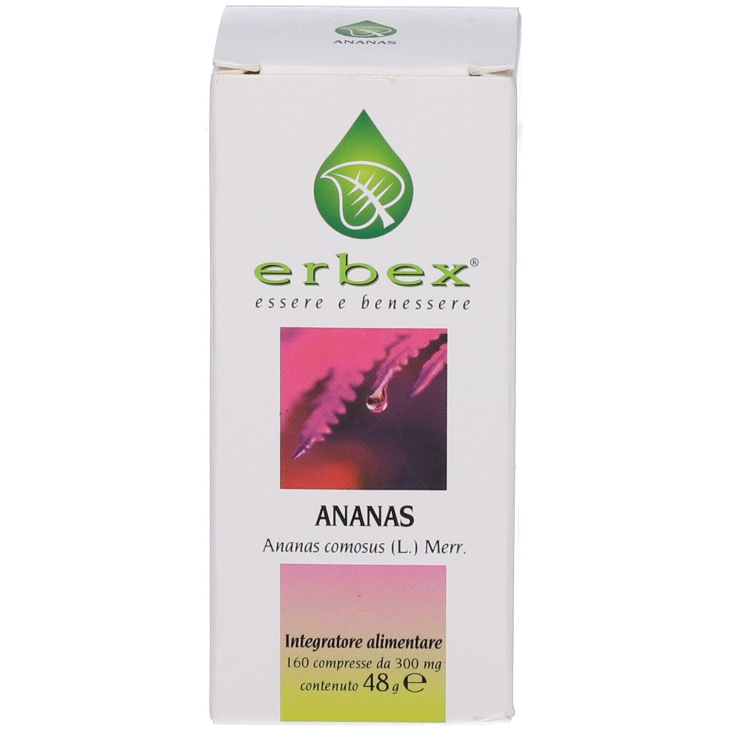 Scatola bianca con logo Erbex e "Ananas". 160 compresse, 48g.
