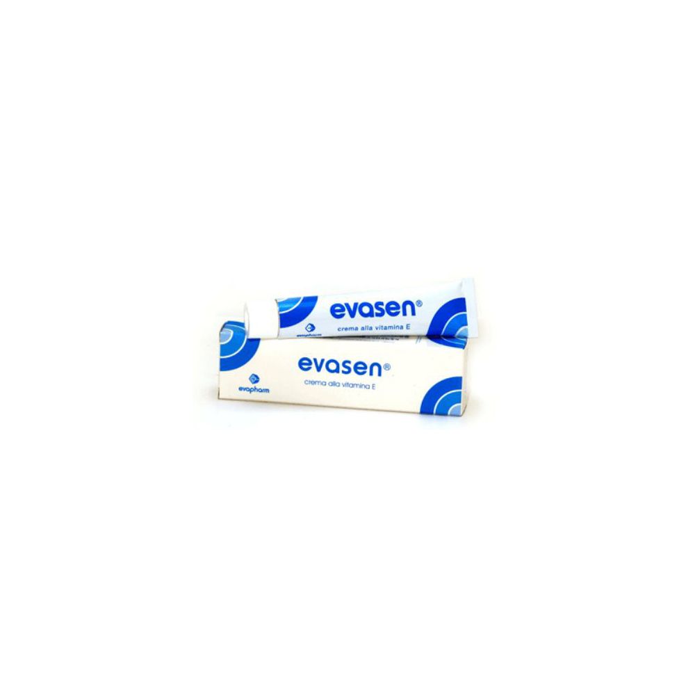 Due tubi e una scatola. Scritta: Evasen, crema alla vitamina E. Confezione blu e bianca.